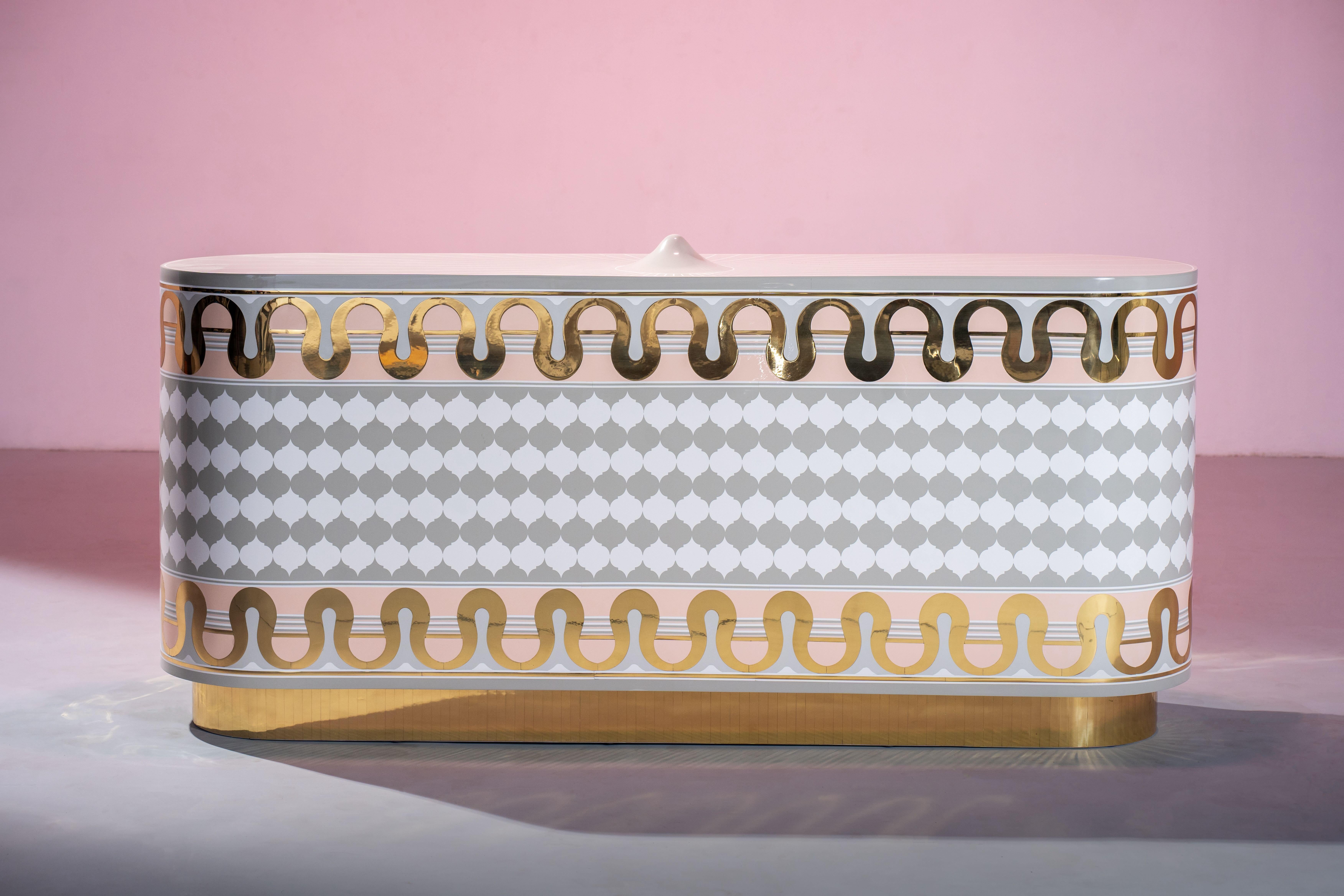 Intarsio Credenza Mandala Mobile in oro bianco con intarsi in ottone di Matteo Cibic in vendita