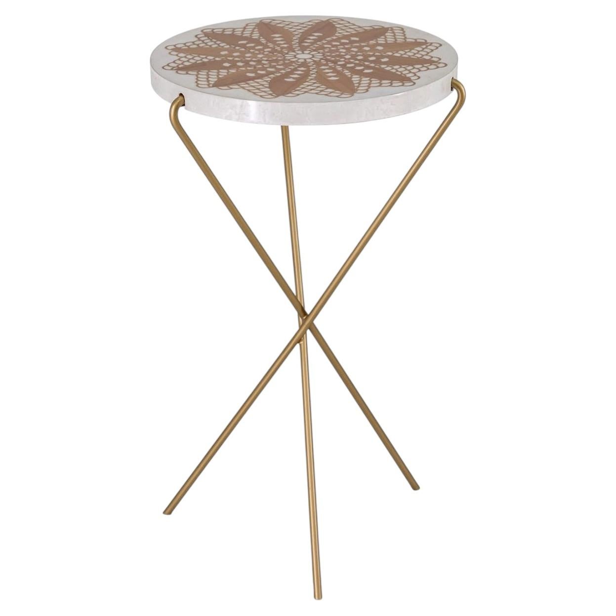 Mandala Tall Small Inlaid Erable & Metal Side Table For Sale