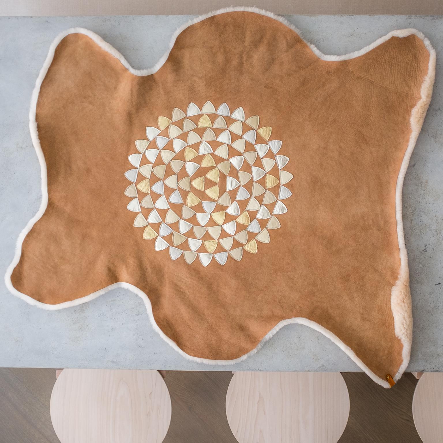 American Sheepskin Throw by Moses Nadel in Natural Cream With Leather Mandala Appliqué For Sale