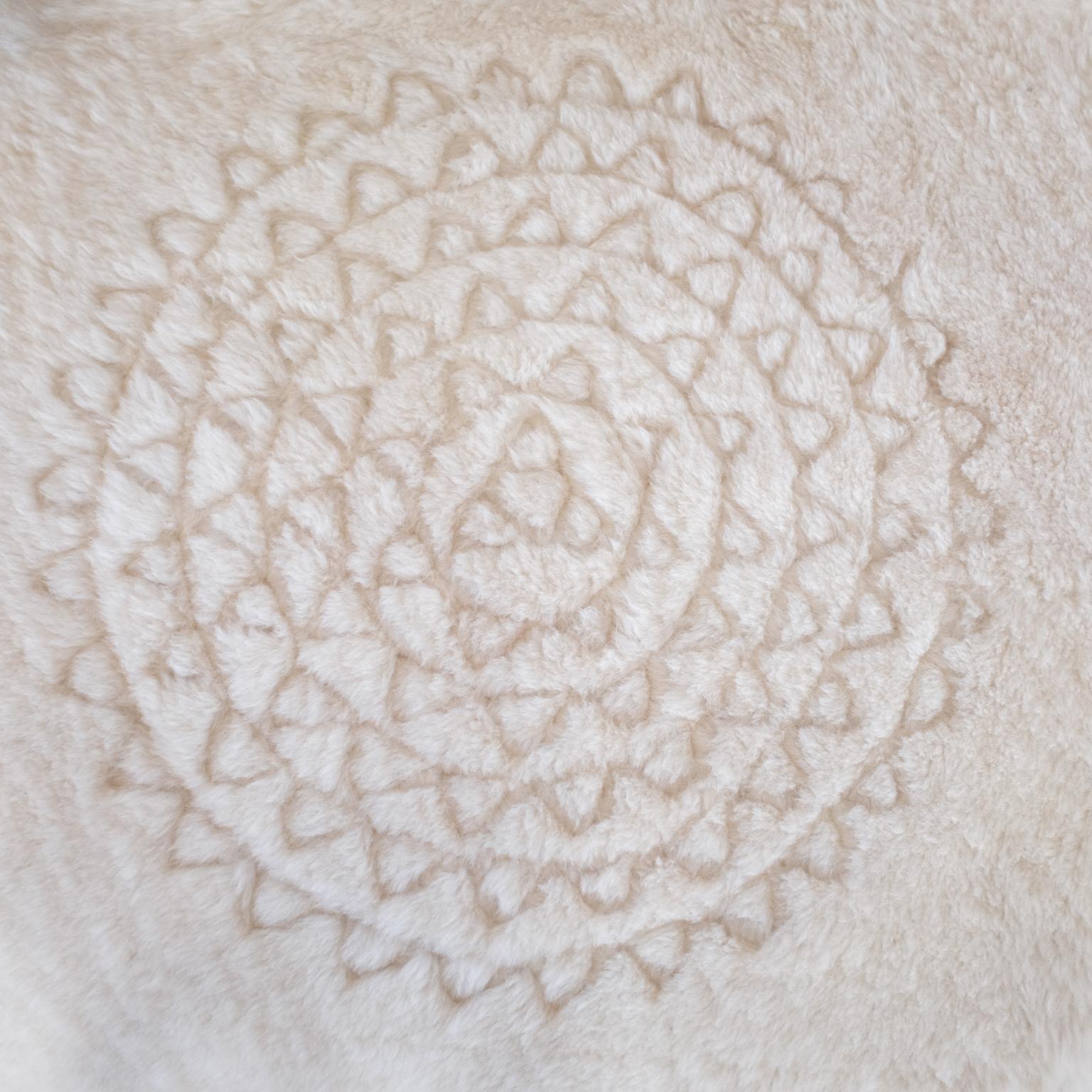 Sheepskin Throw by Moses Nadel in Natural Cream With Leather Mandala Appliqué In New Condition For Sale In Oyster Bay, NY
