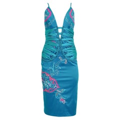 Mandalay 2004 Satin Turquoise Embroidered Midi Cocktail Dress
