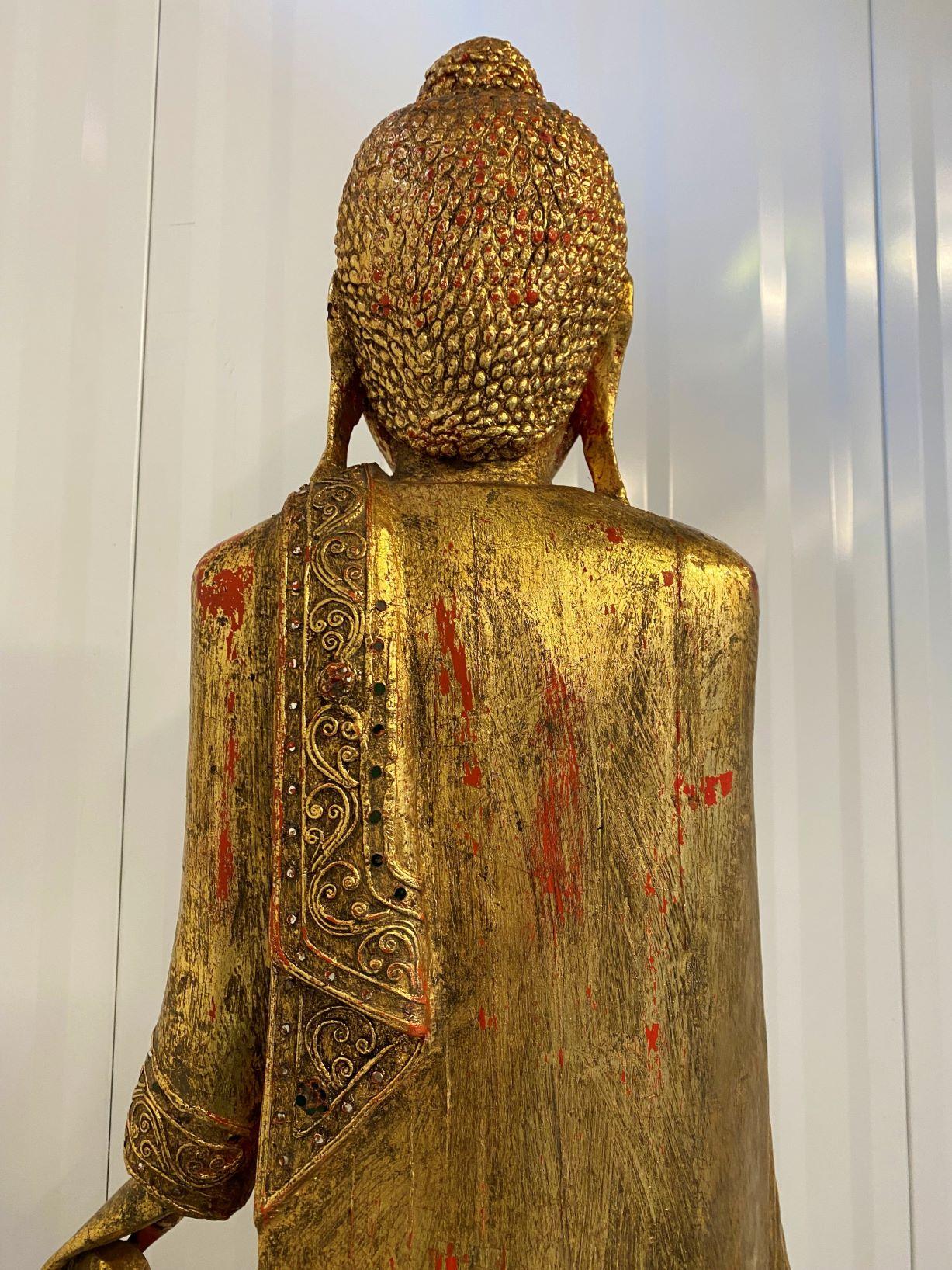 Handgeschnitzte vergoldete burmesische Mandalay-Buddha-Statue aus Holz, Buddhismus 9