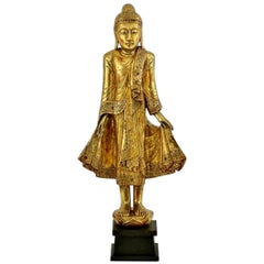 Mandalay Gold Gilded Wood Standing Buddha Statue, Burma, Late 19th Century