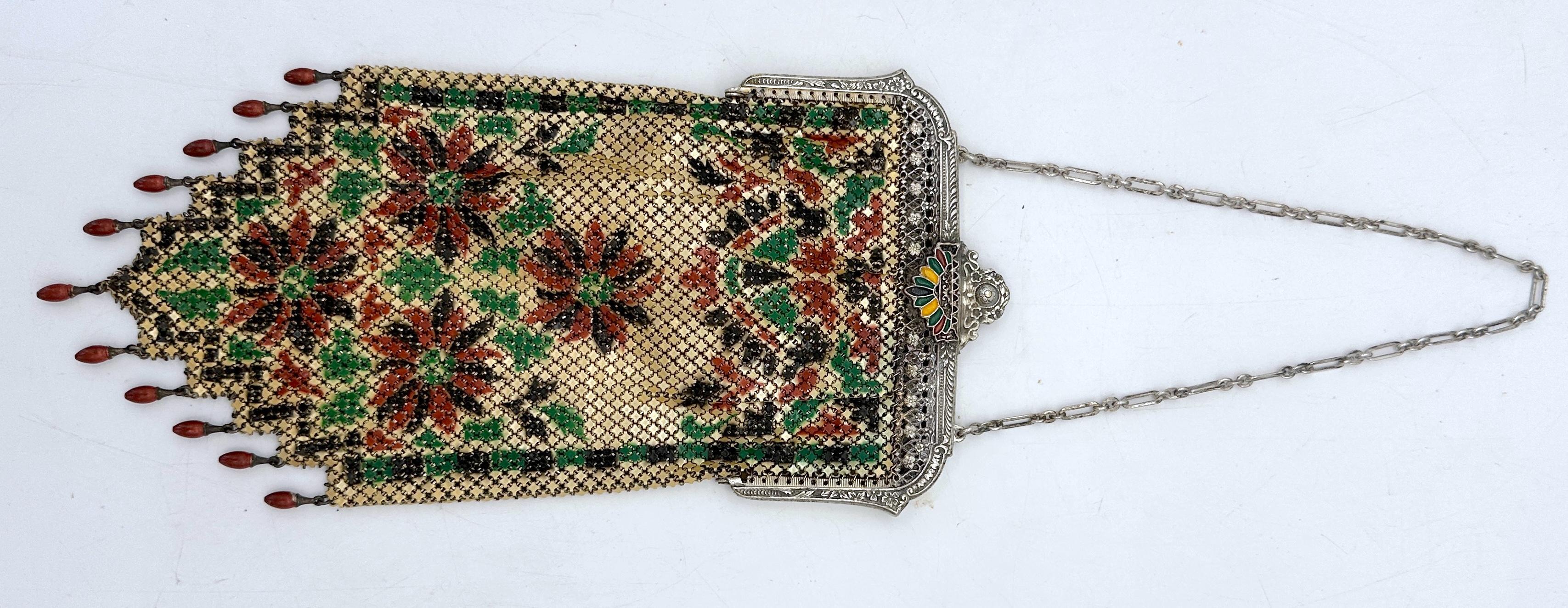Mandalian Art Deco Flapper Emaille Mesh Geldbörse mit Blumenmotiv und Tropfen Perlen im Angebot 2