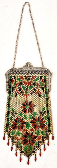 Mandalian Art Deco Flapper Enamel Mesh Purse with Floral Motif and Drop Beads