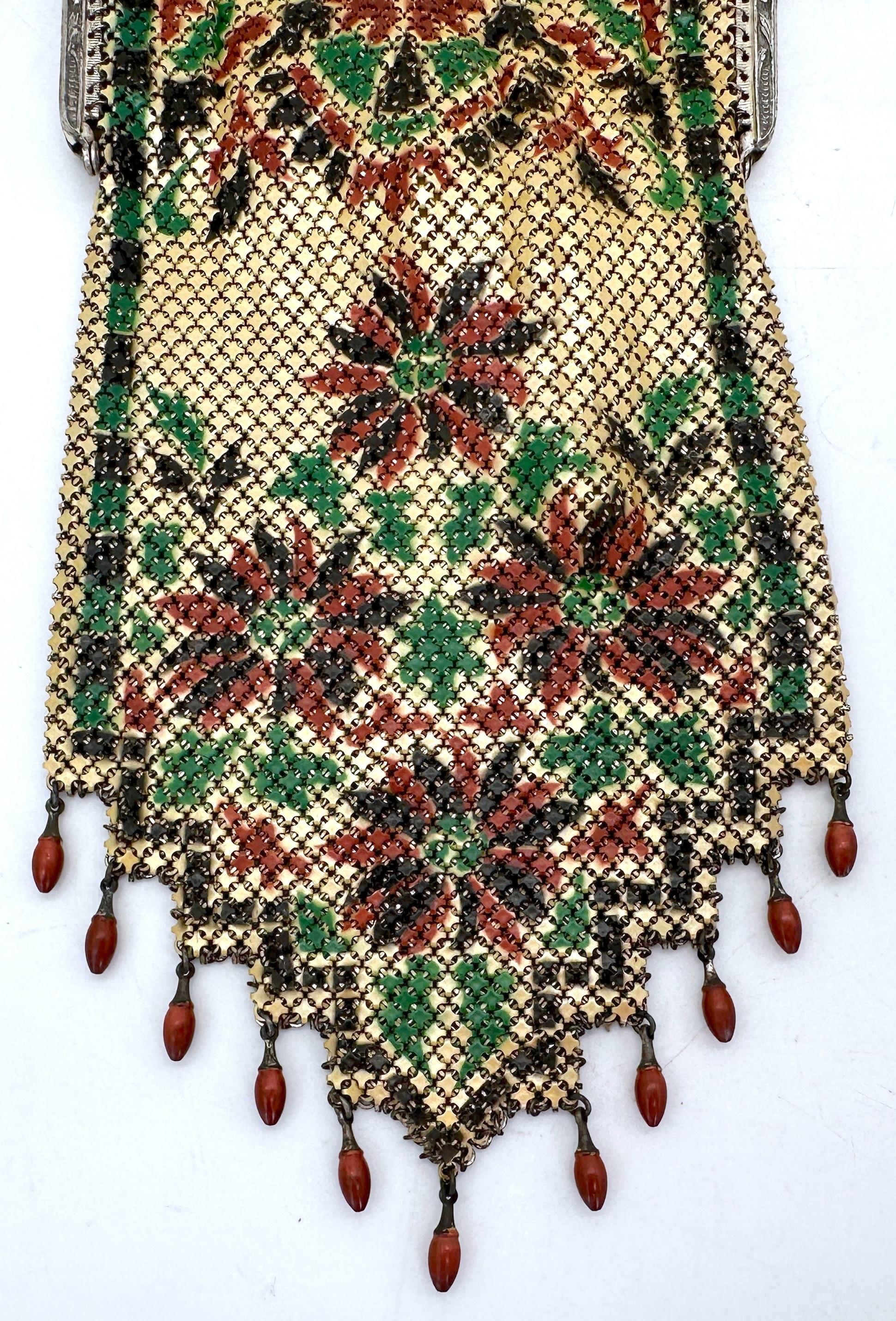 Mandalian Art Deco Flapper Emaille Mesh Geldbörse mit Blumenmotiv und Tropfen Perlen im Angebot 1