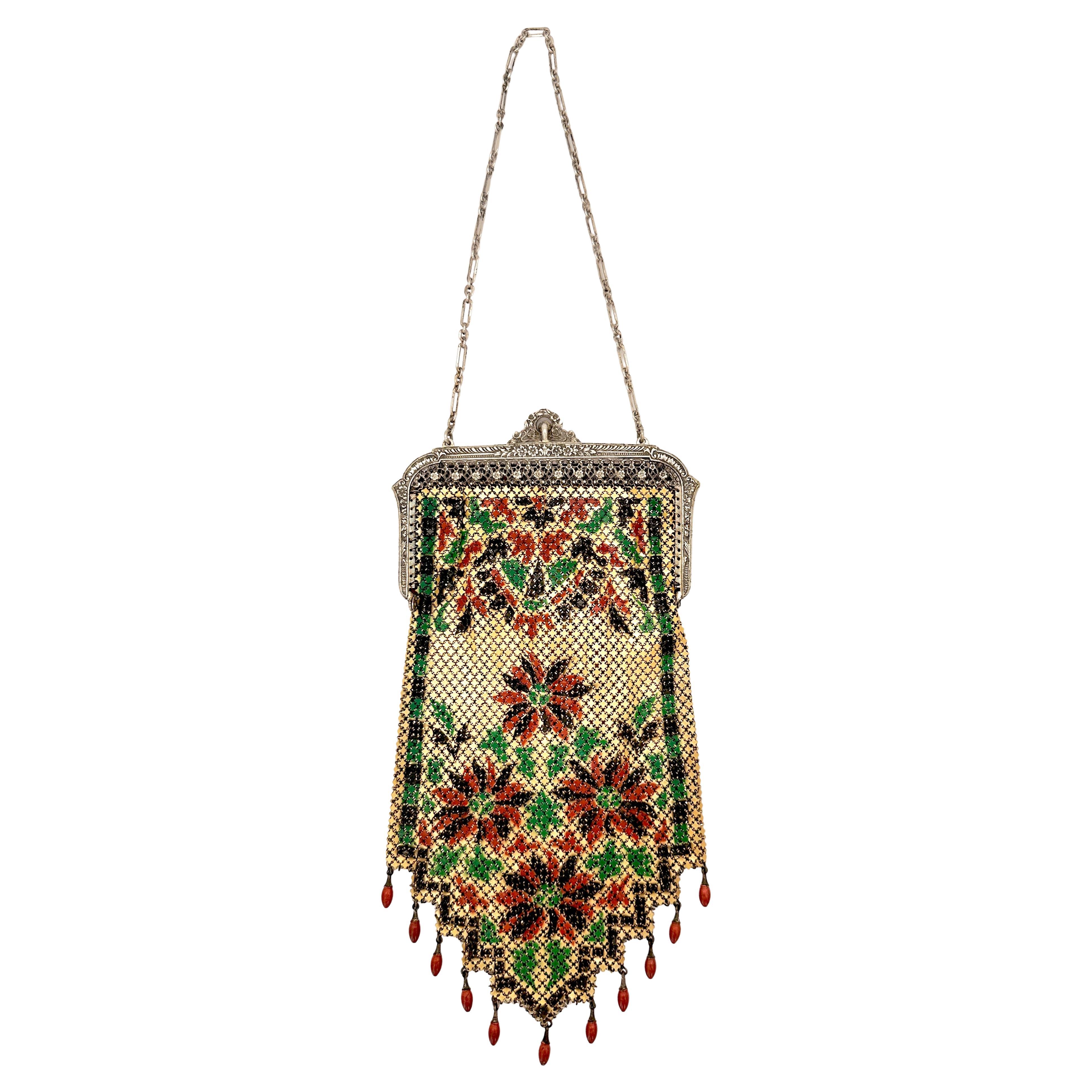 Mandalian Art Deco Flapper Enamel Mesh Purse with Floral Motif and Drop Beads