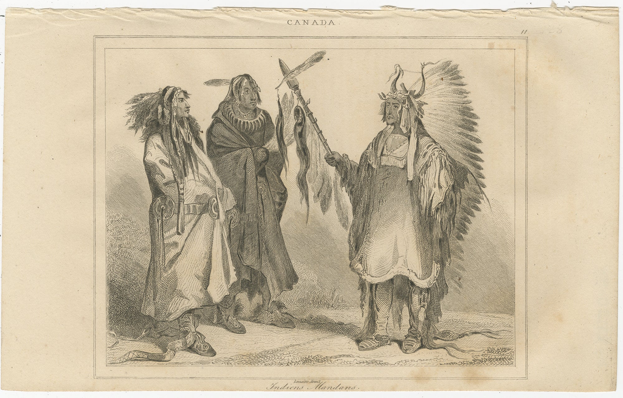 Guerreros y jefe mandan - Grabado etnográfico del siglo XIX del Canadá indígena

Este detallado grabado etnográfico del siglo XIX retrata a tres hombres mandan inmersos en una interacción ceremonial, destacando la riqueza cultural y las tradiciones