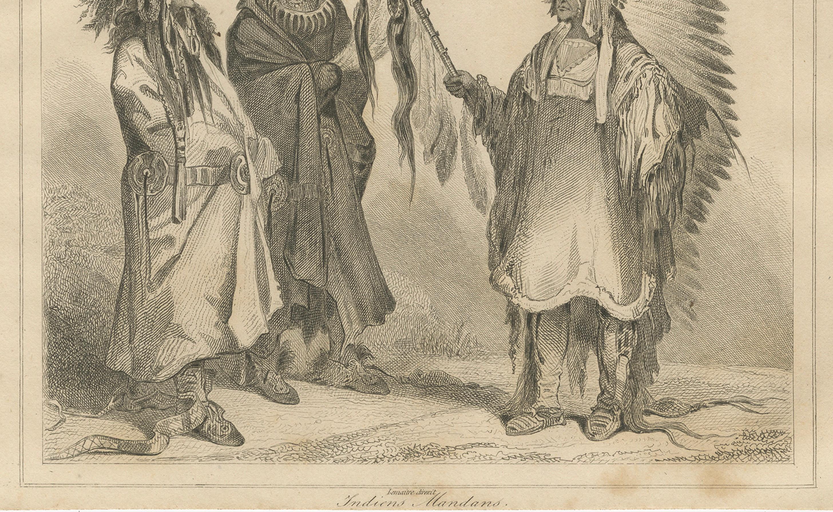 Guerreros y jefe mandan - Grabado etnográfico del siglo XIX del Canadá indígena Francés en venta