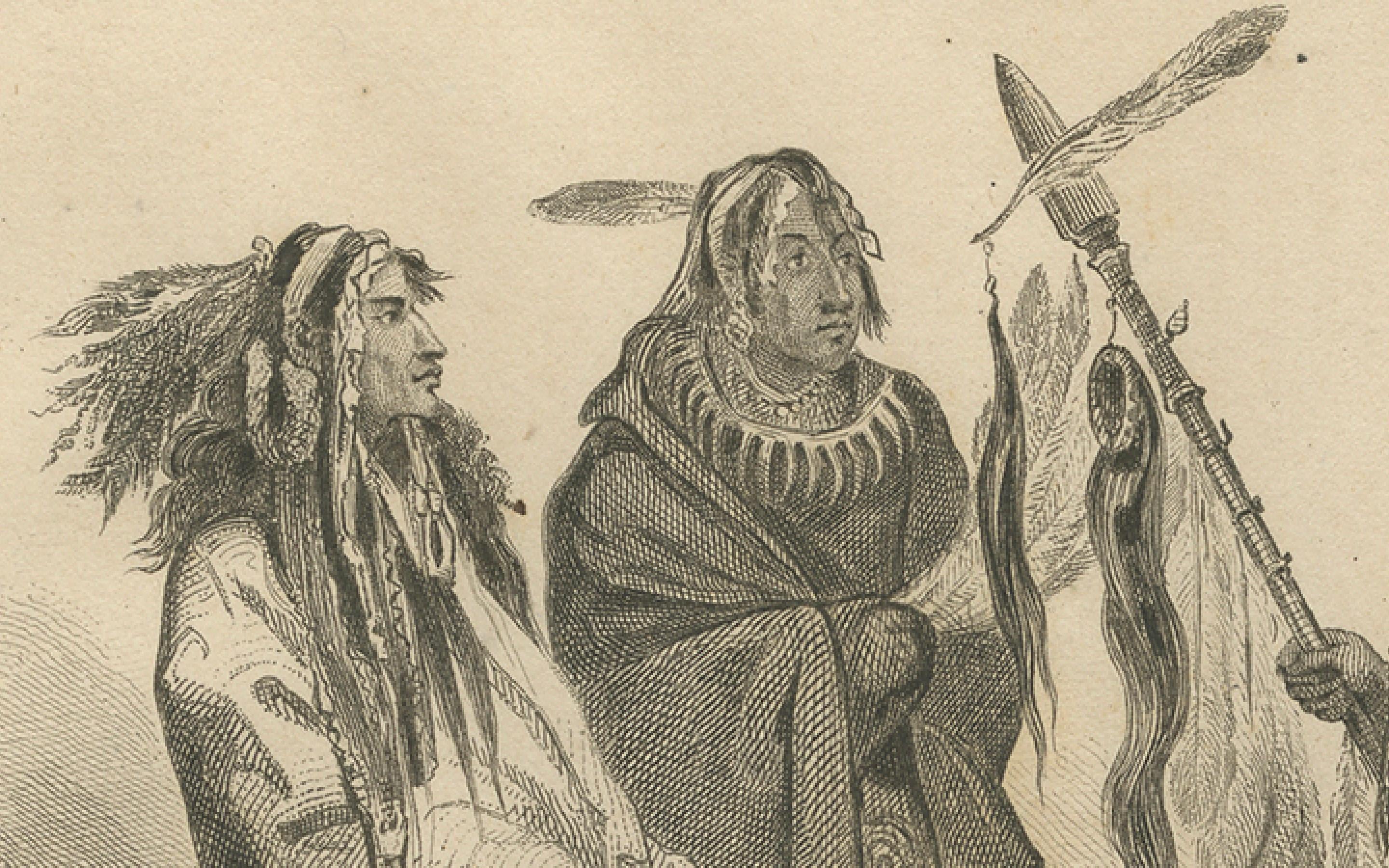 Guerreros y jefe mandan - Grabado etnográfico del siglo XIX del Canadá indígena Papel en venta
