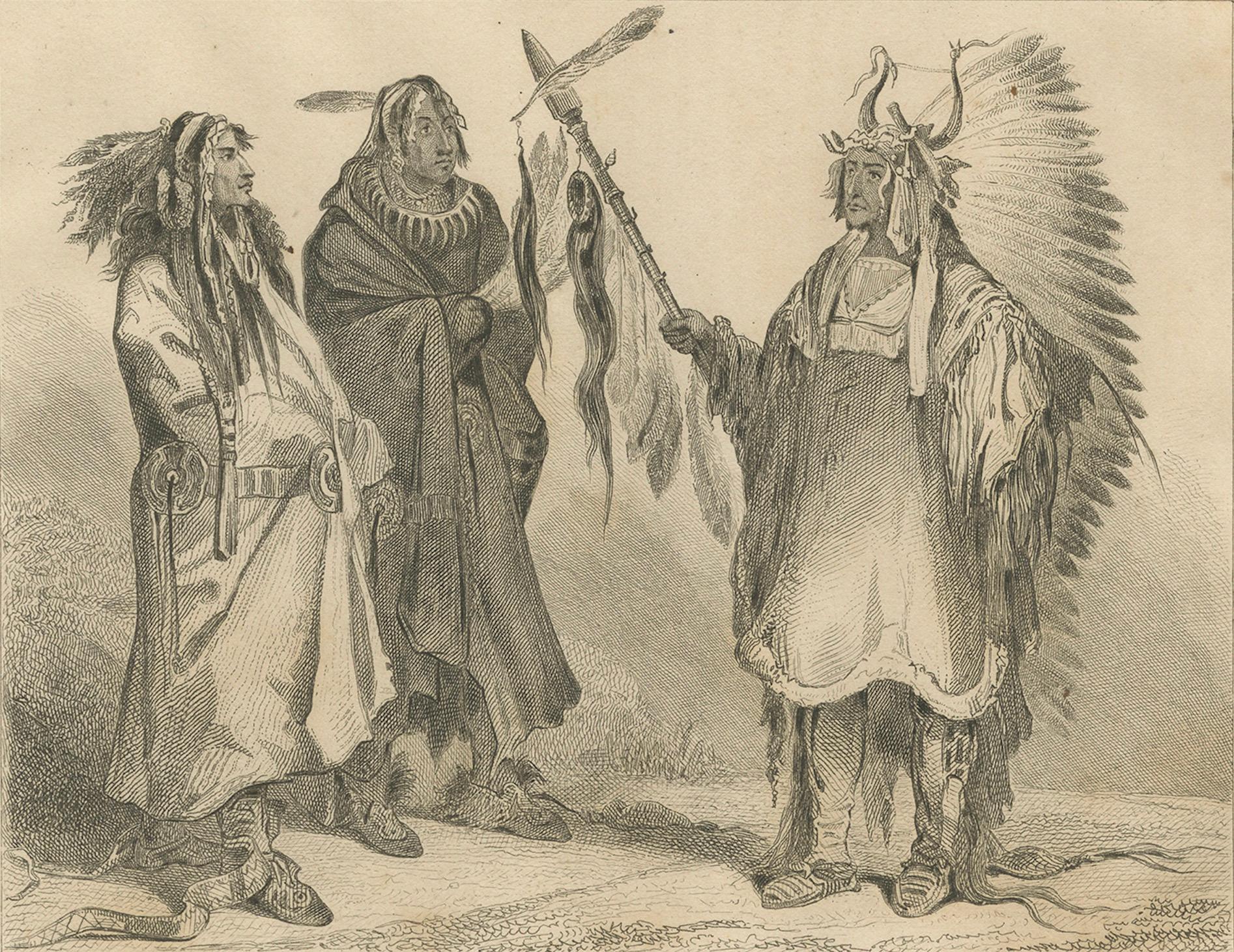 Guerreros y jefe mandan - Grabado etnográfico del siglo XIX del Canadá indígena en venta 1