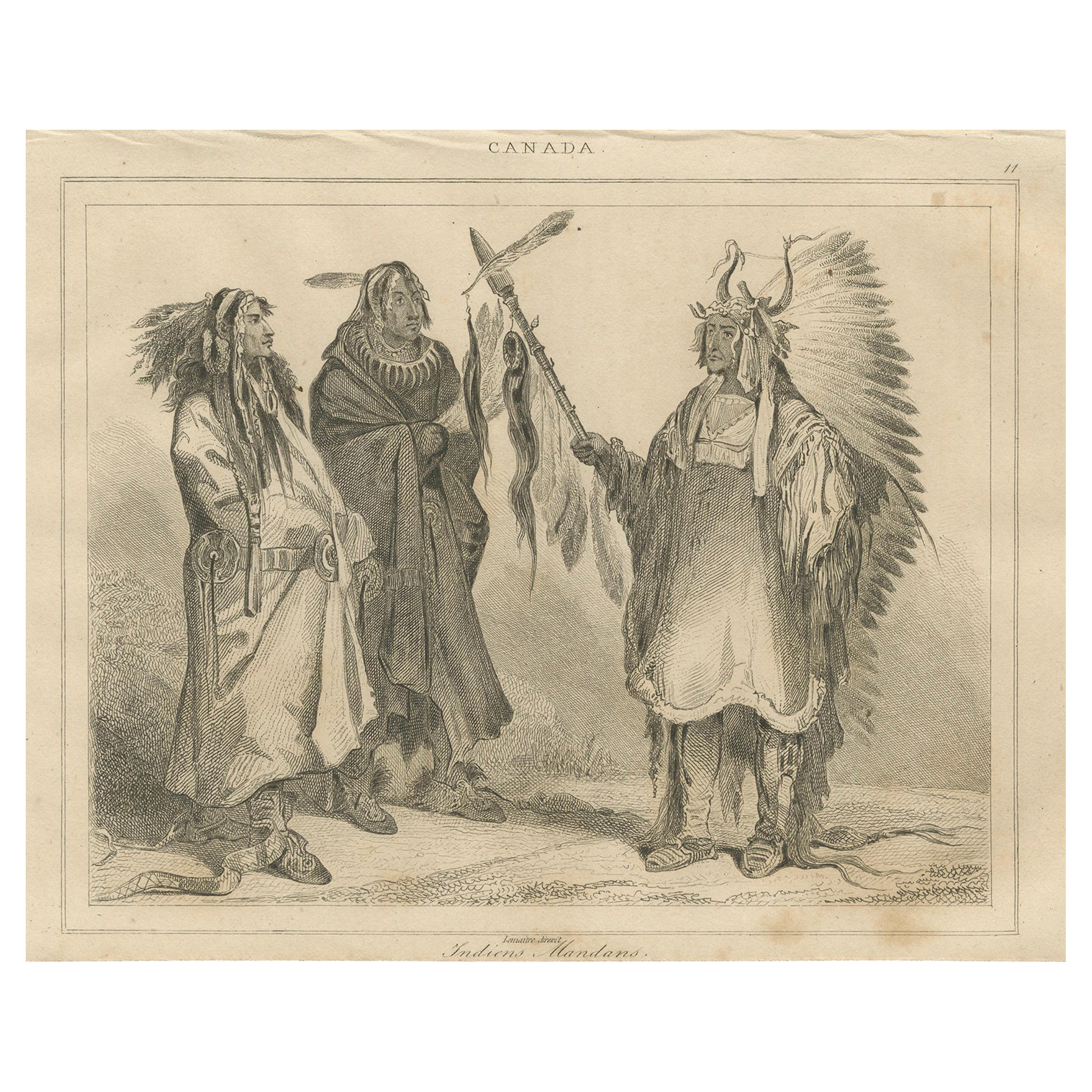 Guerreros y jefe mandan - Grabado etnográfico del siglo XIX del Canadá indígena en venta