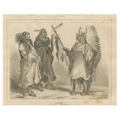 Guerreros y jefe mandan - Grabado etnográfico del siglo XIX del Canadá indígena