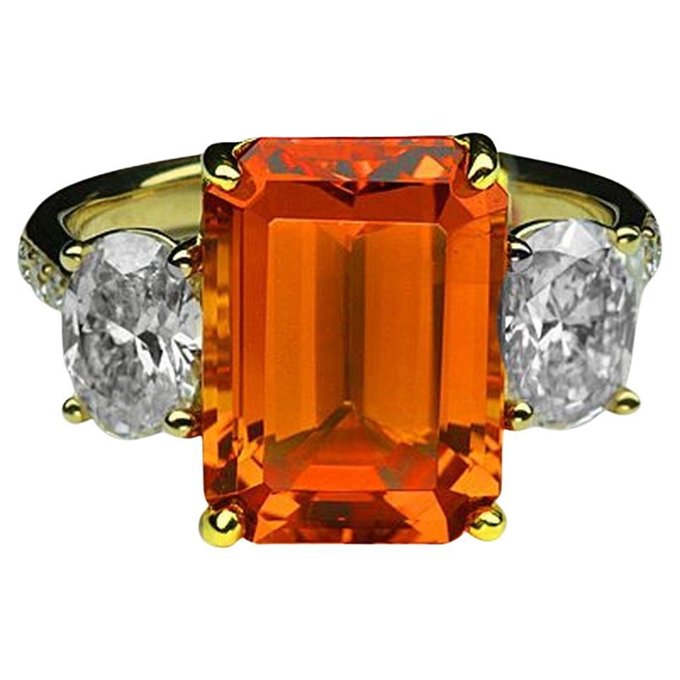 Mandarin Garnet and Diamond 3-Stone Gold Ring Estate Fine Jewelry For Sale