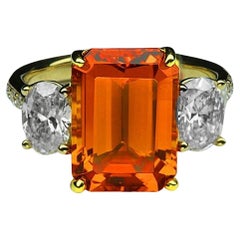 Used Mandarin Garnet and Diamond 3-Stone Gold Ring Estate Fine Jewelry