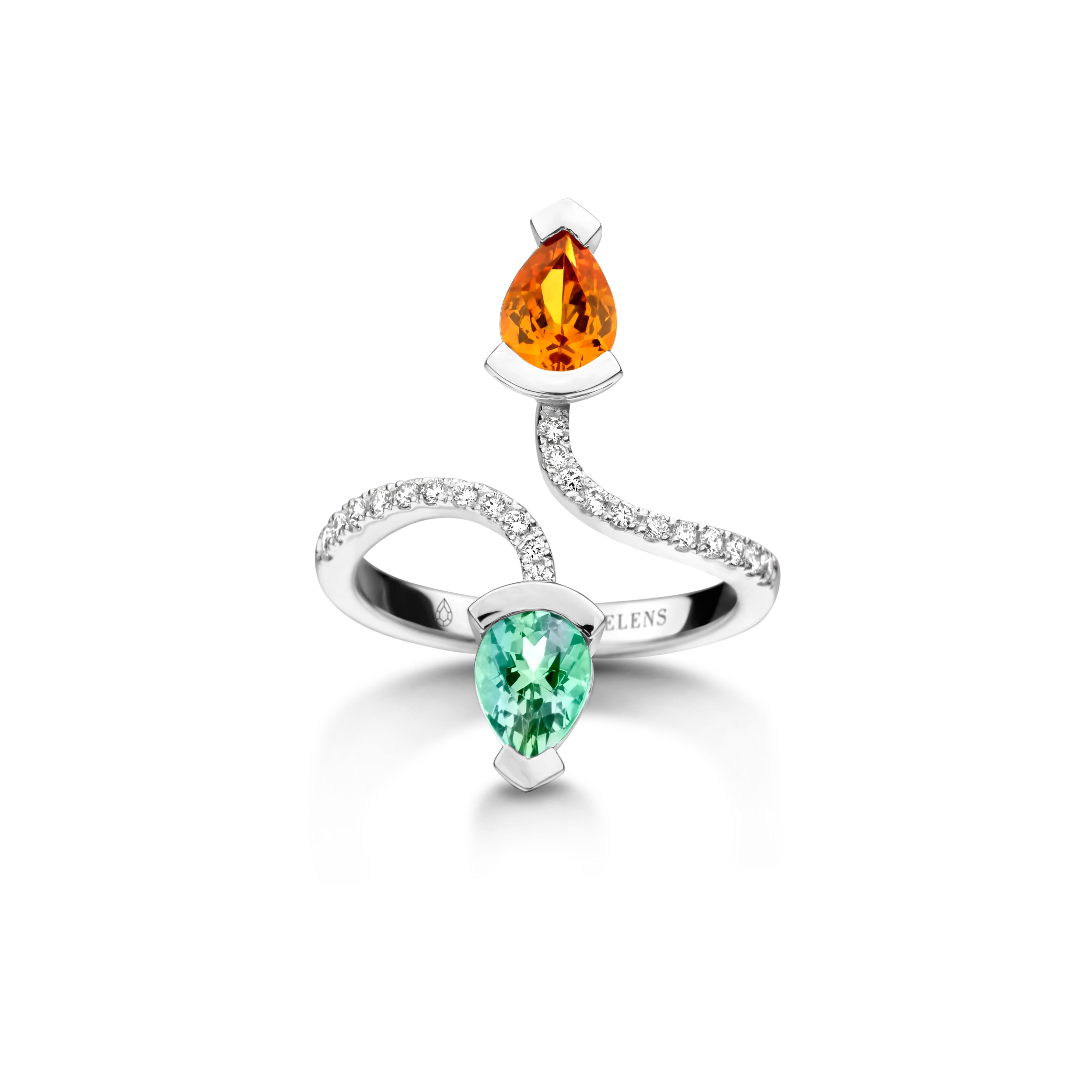 Contemporary Mandarin Garnet And Mint Tourmaline Rose Gold Diamond Cocktail Ring For Sale