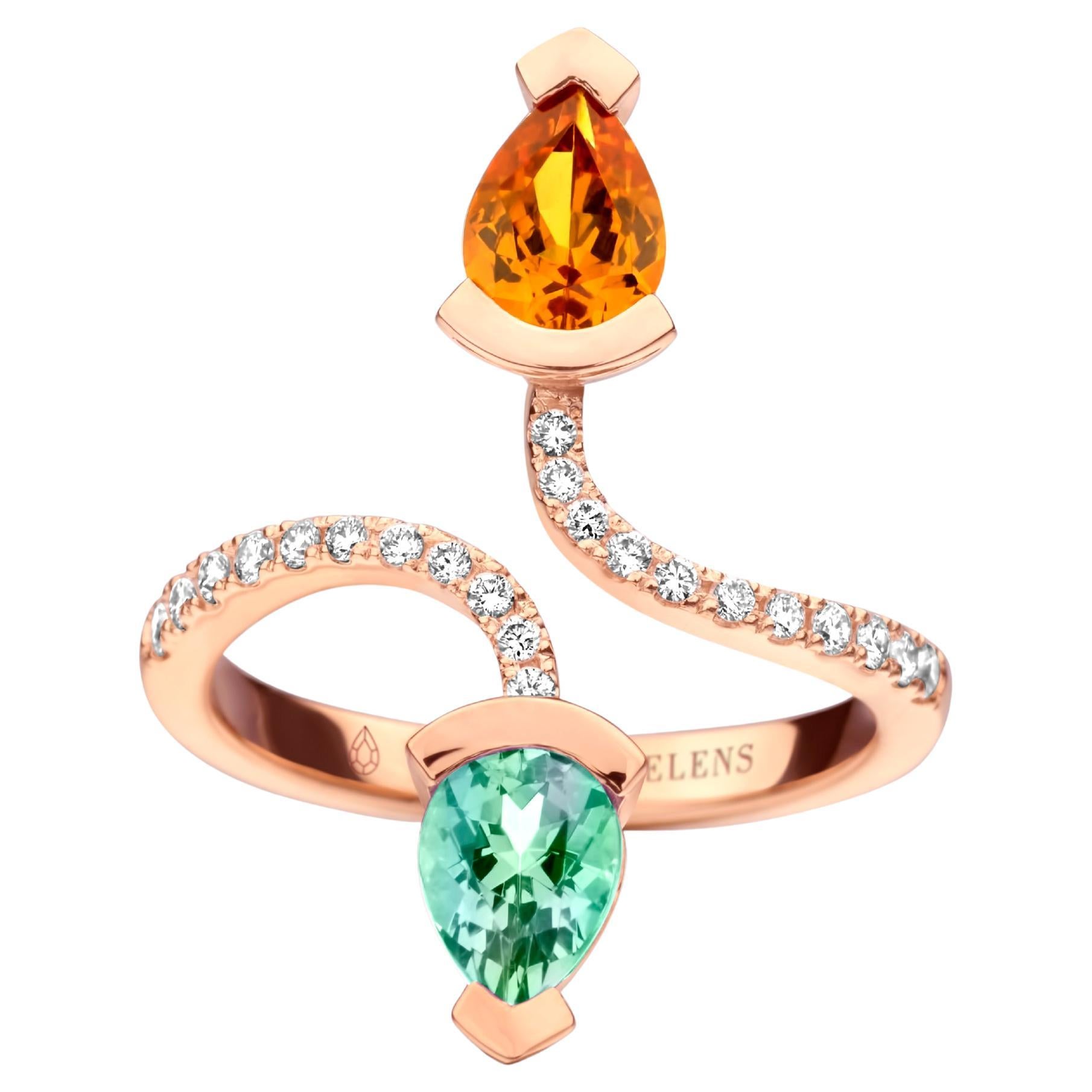 Mandarin Garnet And Mint Tourmaline Rose Gold Diamond Cocktail Ring For Sale