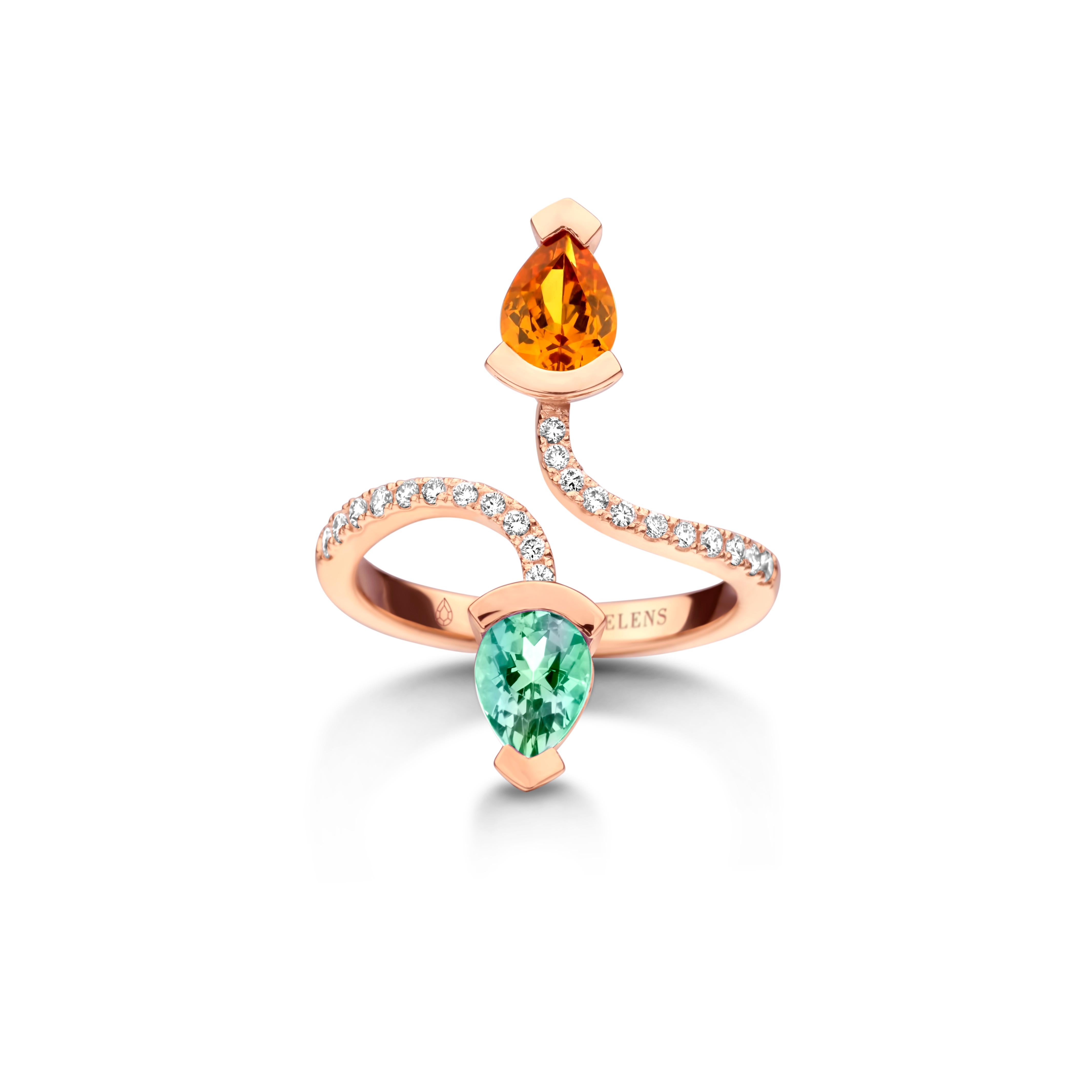 Contemporary Mandarin Garnet And Mint Tourmaline White Gold Diamond Cocktail Ring For Sale