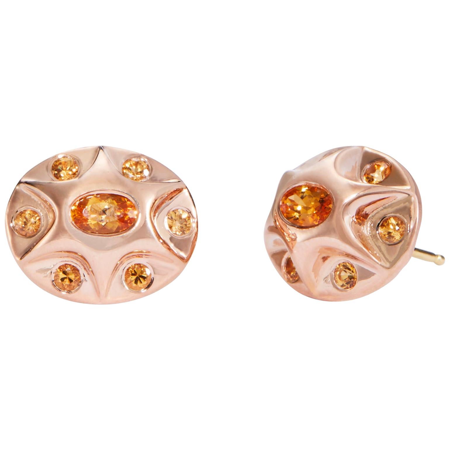 Mandarin Garnet and Rose Gold Button Earrings For Sale