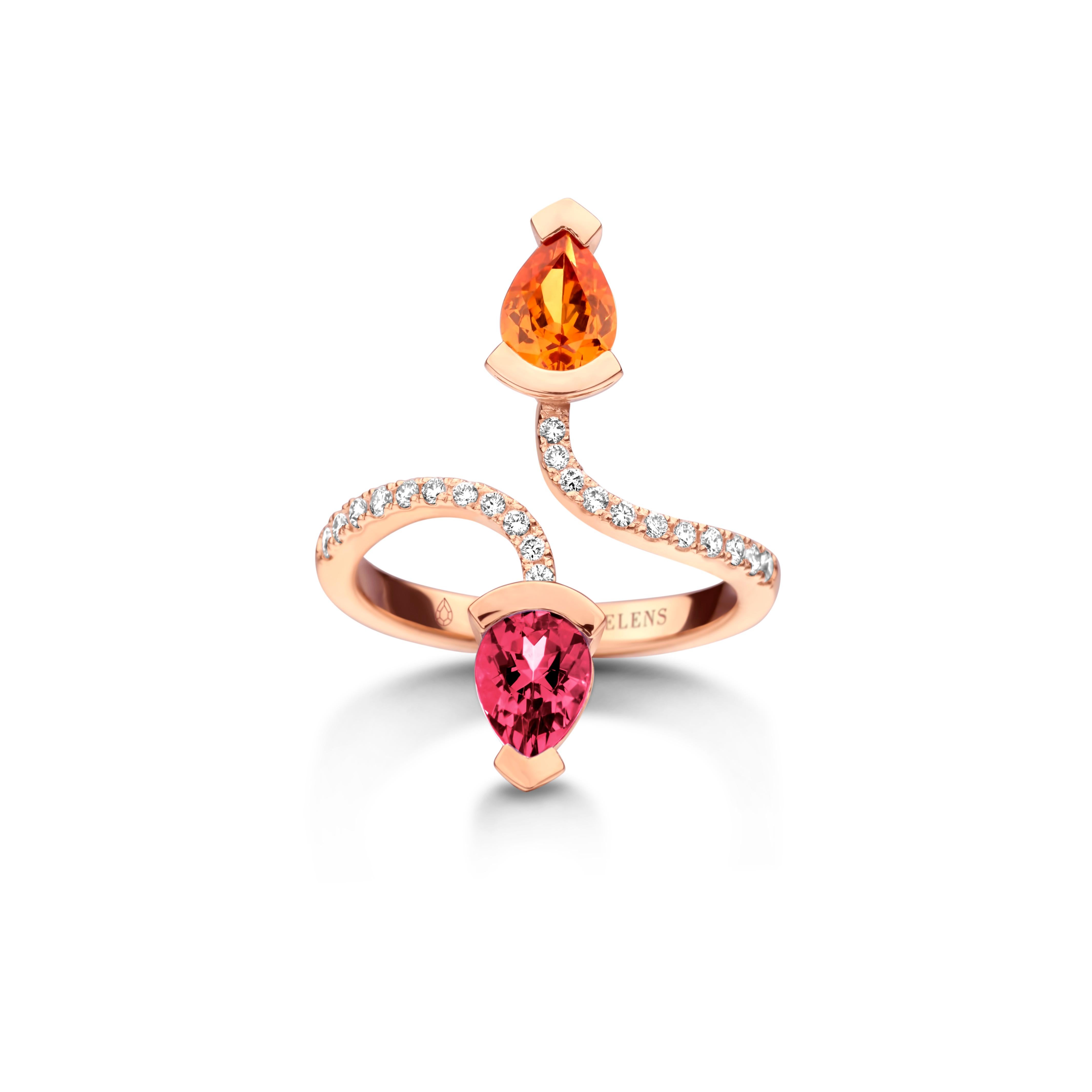 Adeline Duo ring in 18Kt white gold 5g set with a pear-shaped mandarin garnet 0,70 Ct, a pear-shaped Rubellite 0,70 Ct and 0,19 Ct of white brilliant cut diamonds - VS F quality. Celine Roelens, a goldsmith and gemologist, is specialized in unique,