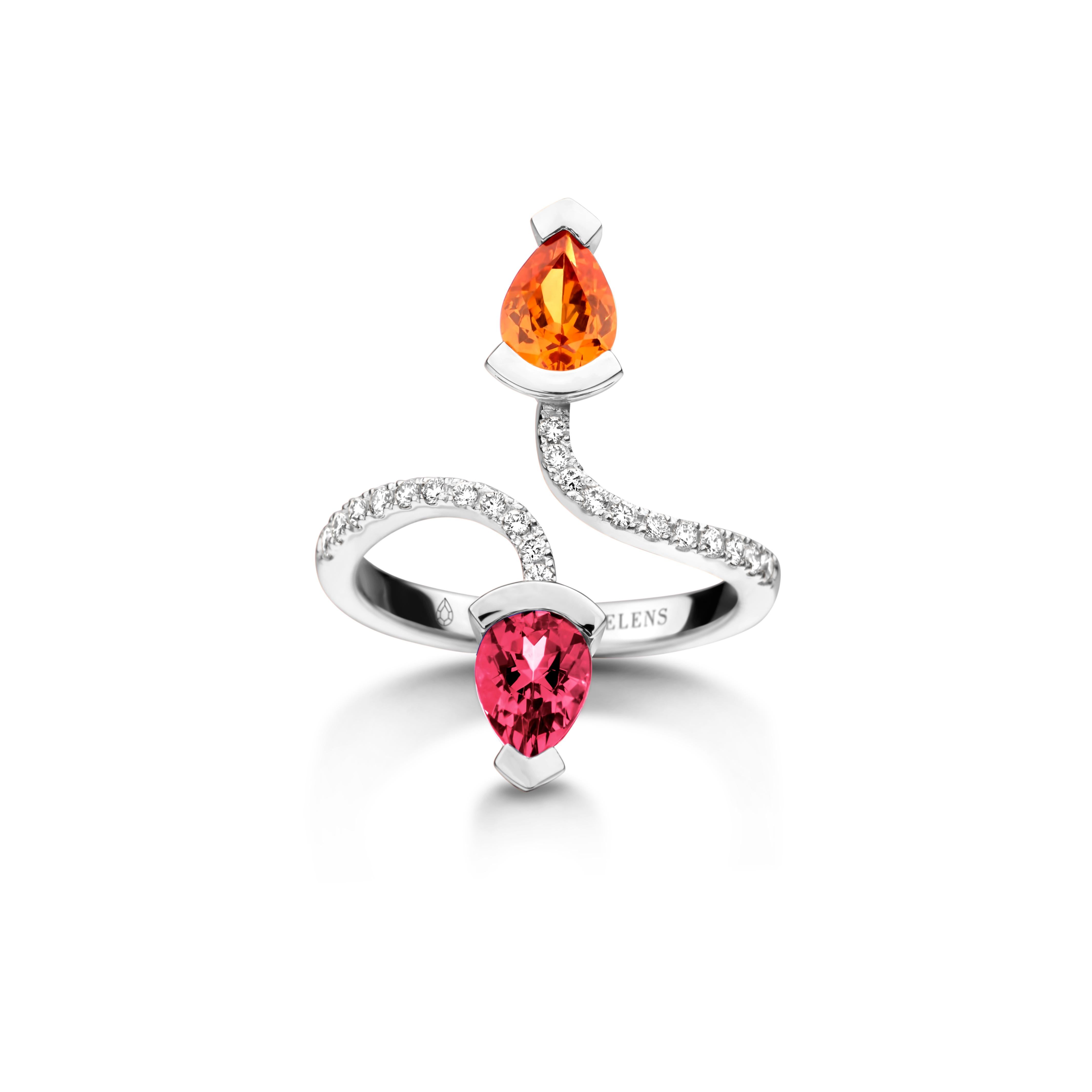 Contemporary Mandarin Garnet And Rubellite Yellow Gold Diamond Cocktail Ring For Sale