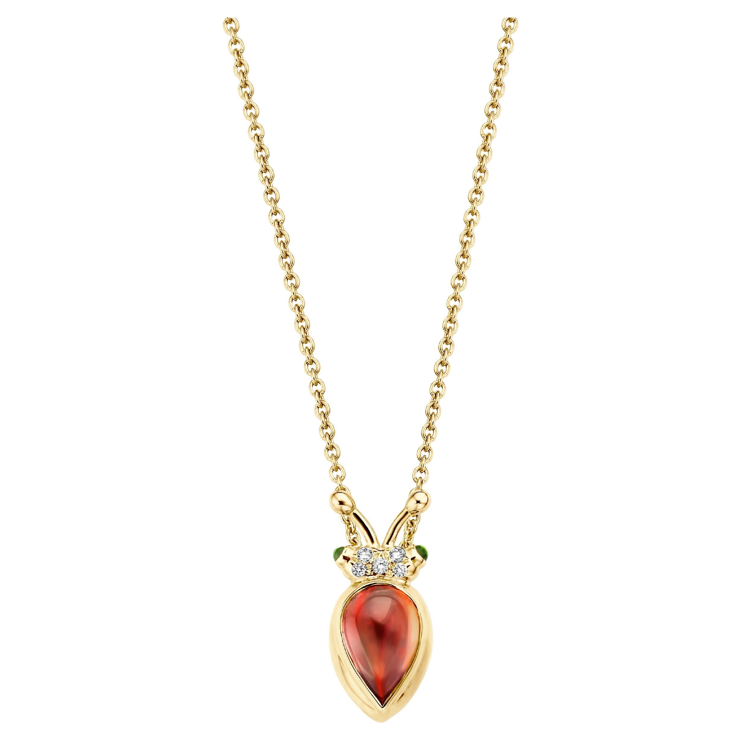 18 Karat Yellow Gold Mandarin Garnet Diamond Pendant Necklace For Sale