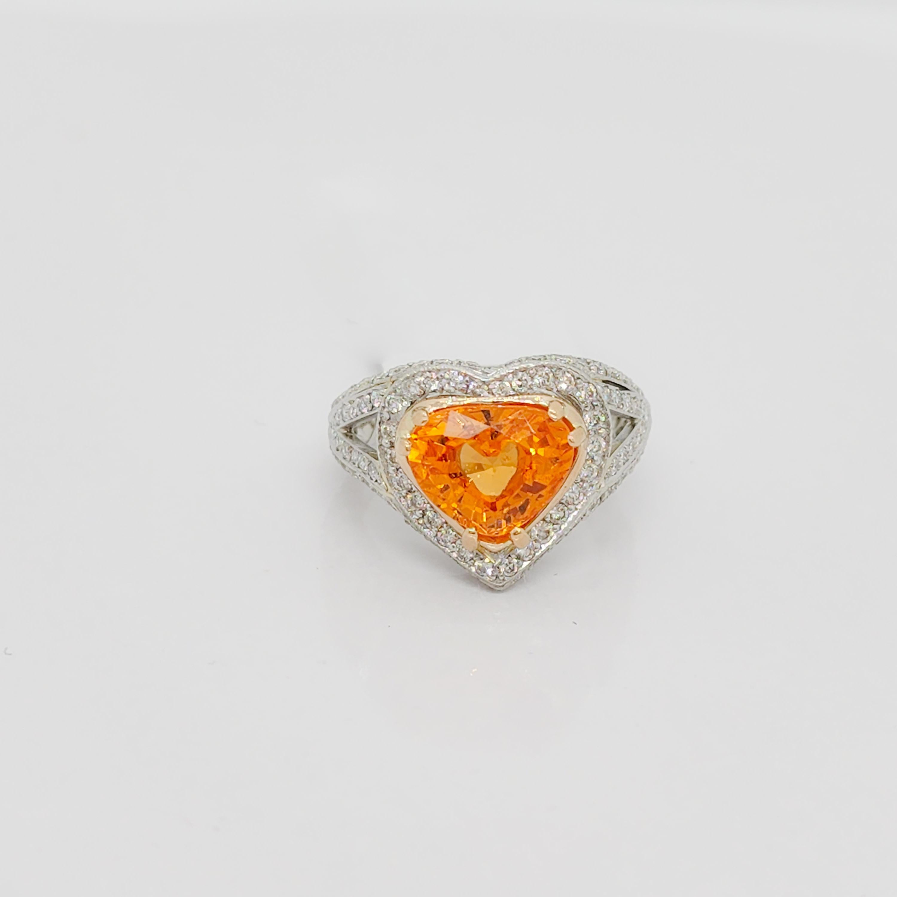 Heart Cut Mandarin Garnet and White Diamond Cocktail Ring in Platinum and 18k Yellow Gold For Sale