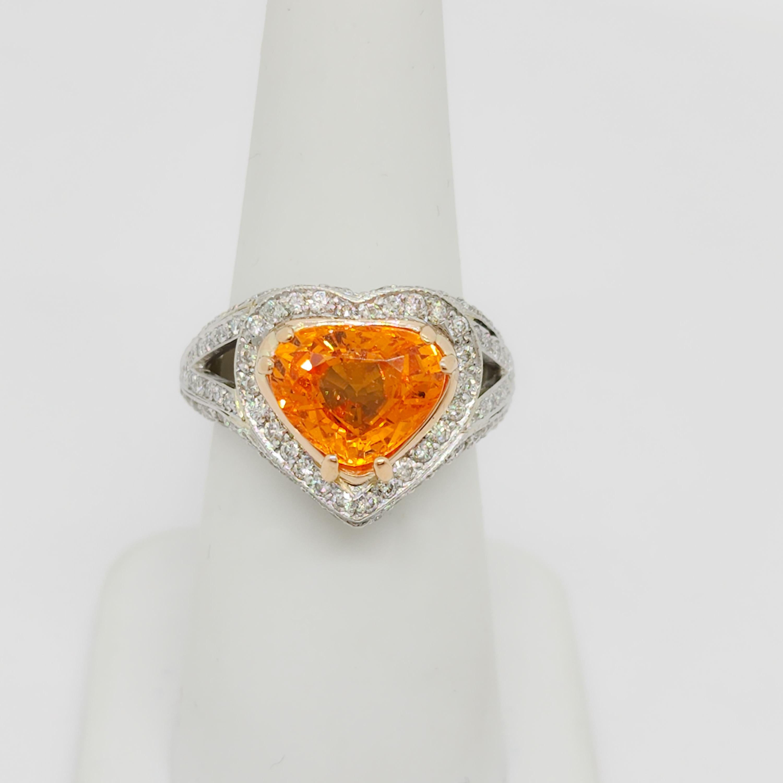 Women's or Men's Mandarin Garnet and White Diamond Cocktail Ring in Platinum and 18k Yellow Gold For Sale