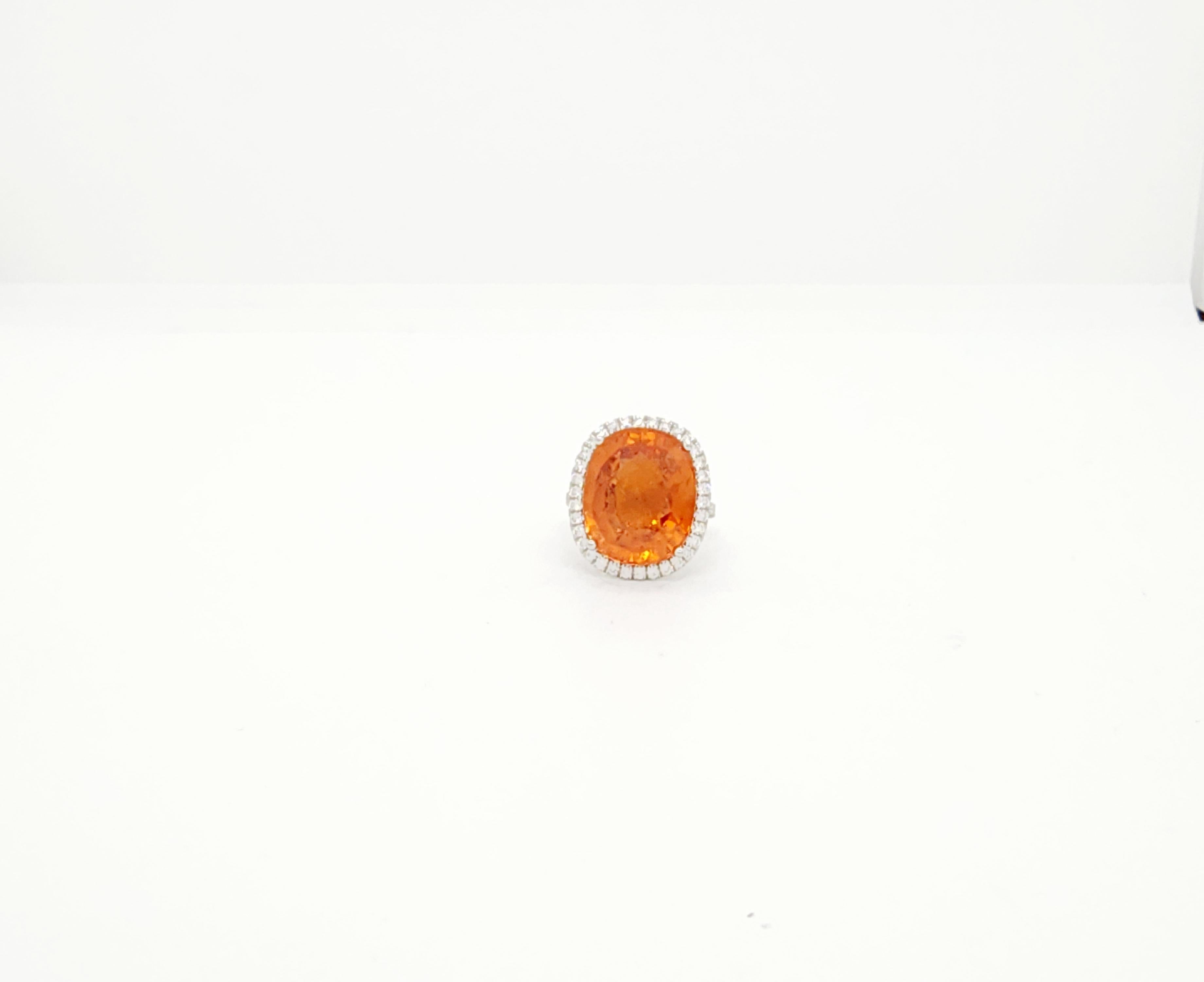 Oval Cut Mandarin Garnet and White Diamond Cocktail Ring in Platinum For Sale
