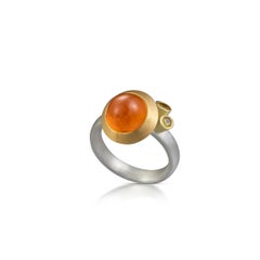 Mandarin Garnet Cabochon and Yellow Sapphires Gold and Silver Ring