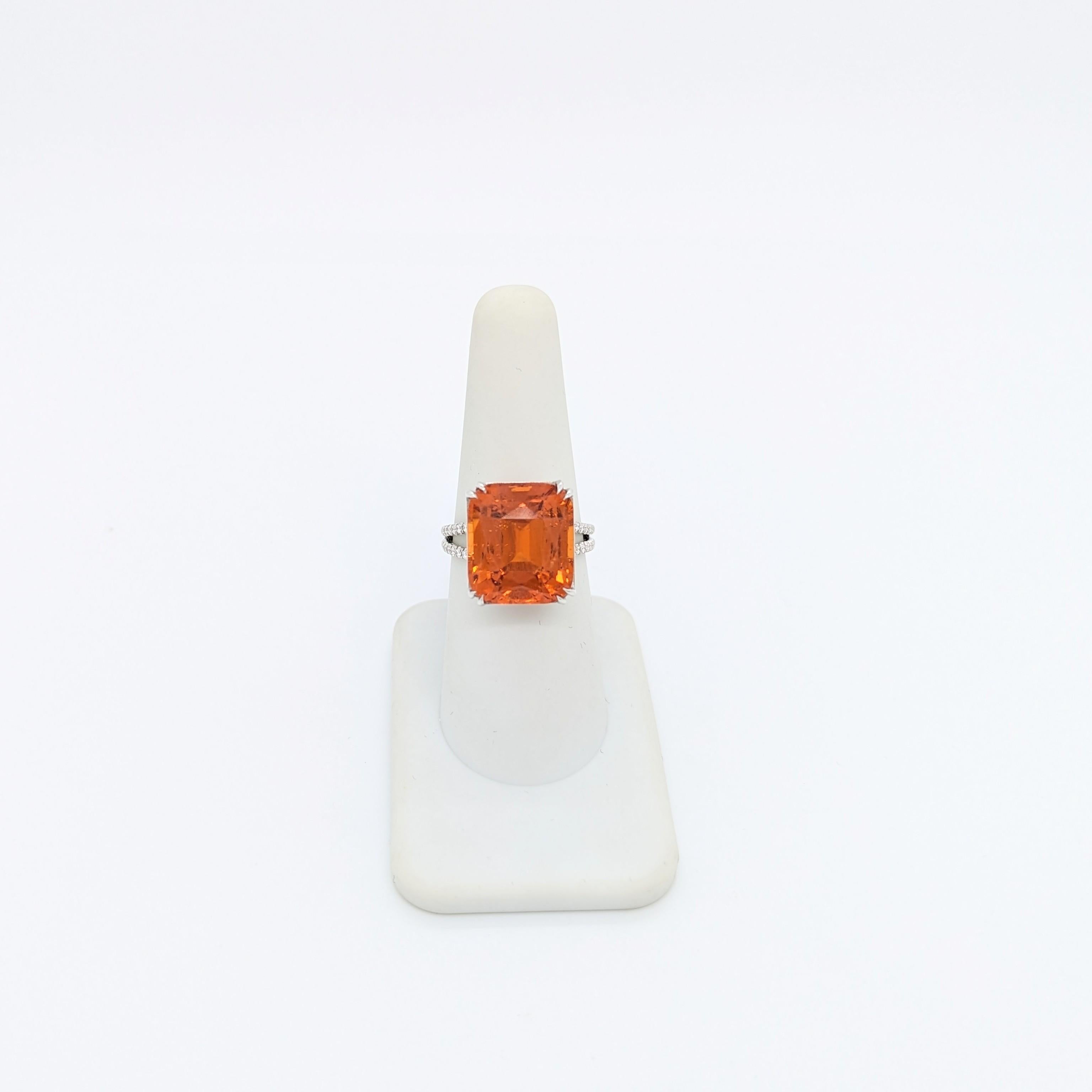 Mandarin Garnet Cushion and White Diamond Cocktail Ring in 18K White Gold In New Condition For Sale In Los Angeles, CA
