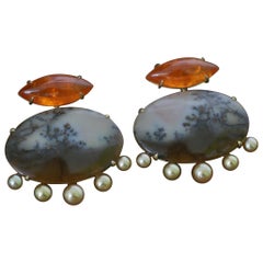 Mandarin Garnet, Dendritic Agate, Golden Pearl and 18 Karat Gold Earrings