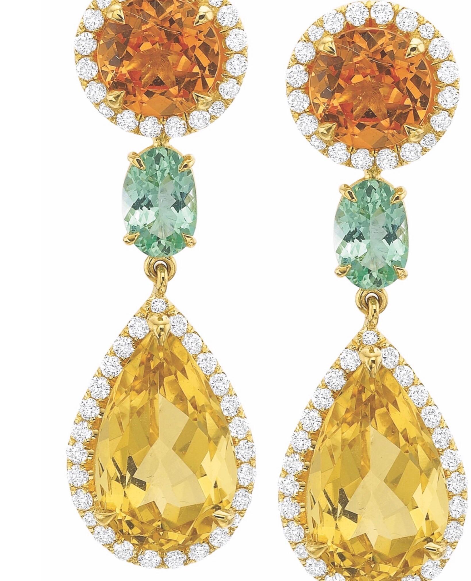 A striking color combination takes place with these Andrew Glassford custom earrings.  2.34 carats of Mandarin Garnets make up the top portion followed by .86 ctw of Green Beryl, and 5.50 ctw of pearl shaped Yellow Beryl in 18k Yellow Gold.  The