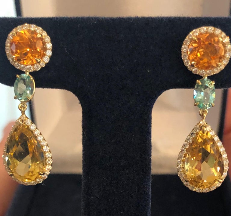 Diamond, Mandarin Garnet and Yellow/Green Beryl Earrings in 18 Karat ...