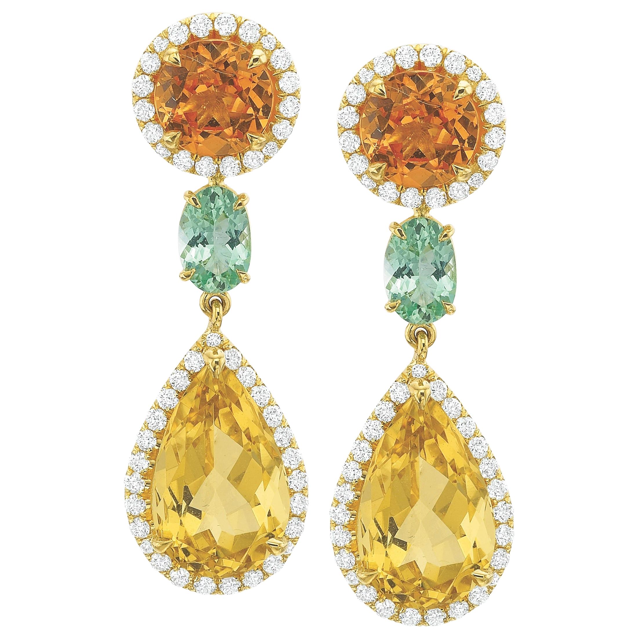 Diamond, Mandarin Garnet and Yellow/Green Beryl Earrings in 18 Karat Yellow Gold