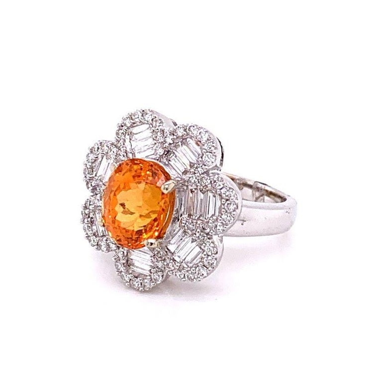 Oval Cut Mandarin Garnet Diamond Gold Flower Ring For Sale