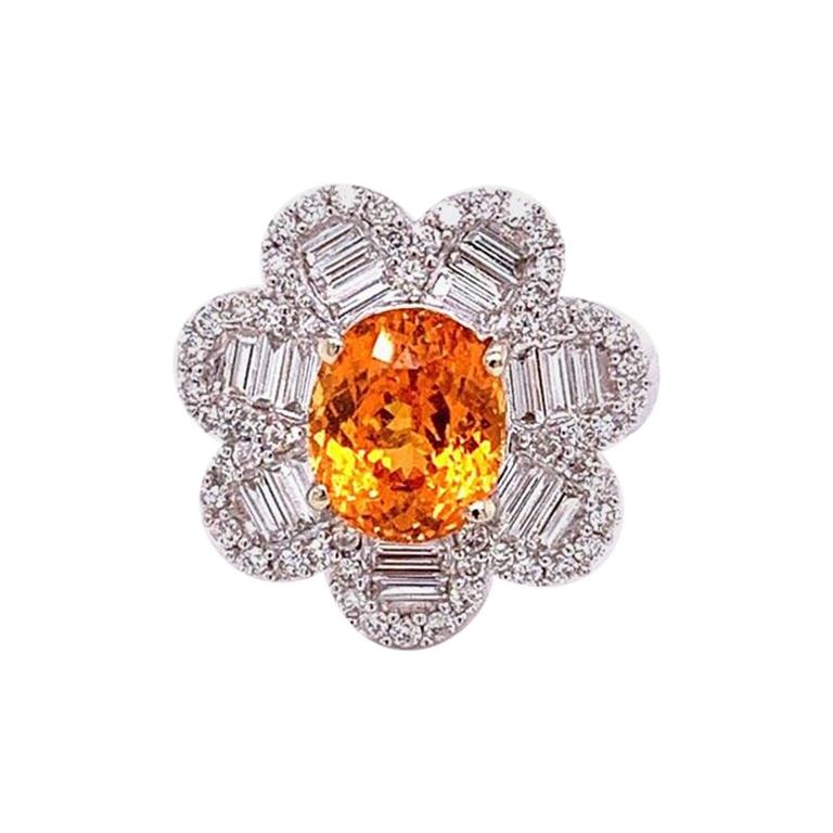 Bague fleur en or avec grenat mandarin et diamant