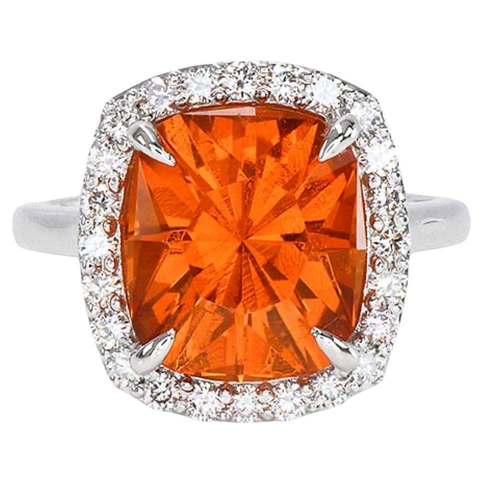 6.95ct Mandarin Garnet & .46ct Diamond Ring-Radiant Cut-18KT Gold-GIA Certified For Sale