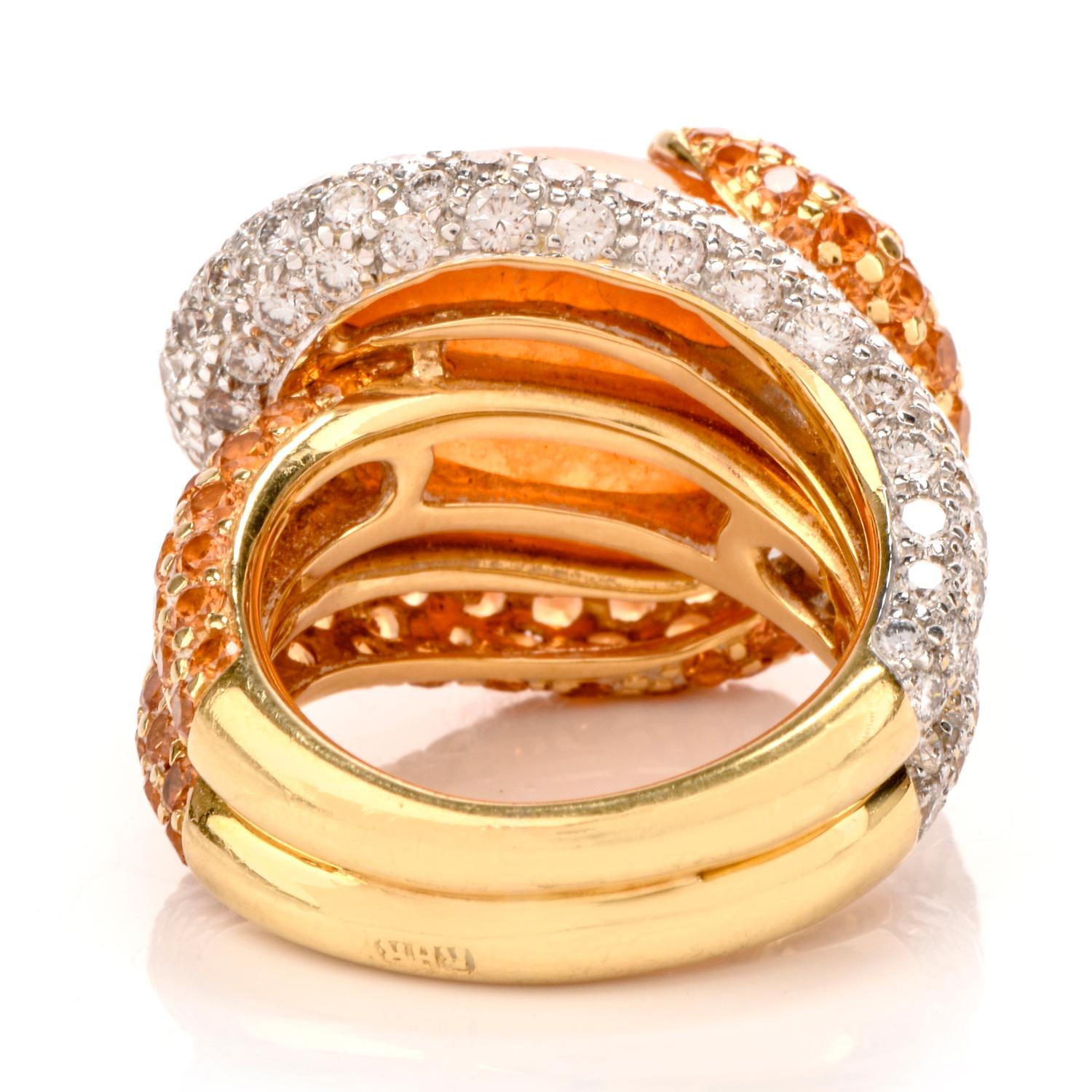 Round Cut Mandarin Garnet Diamond Swirl 18 Karat Gold Cocktail Ring