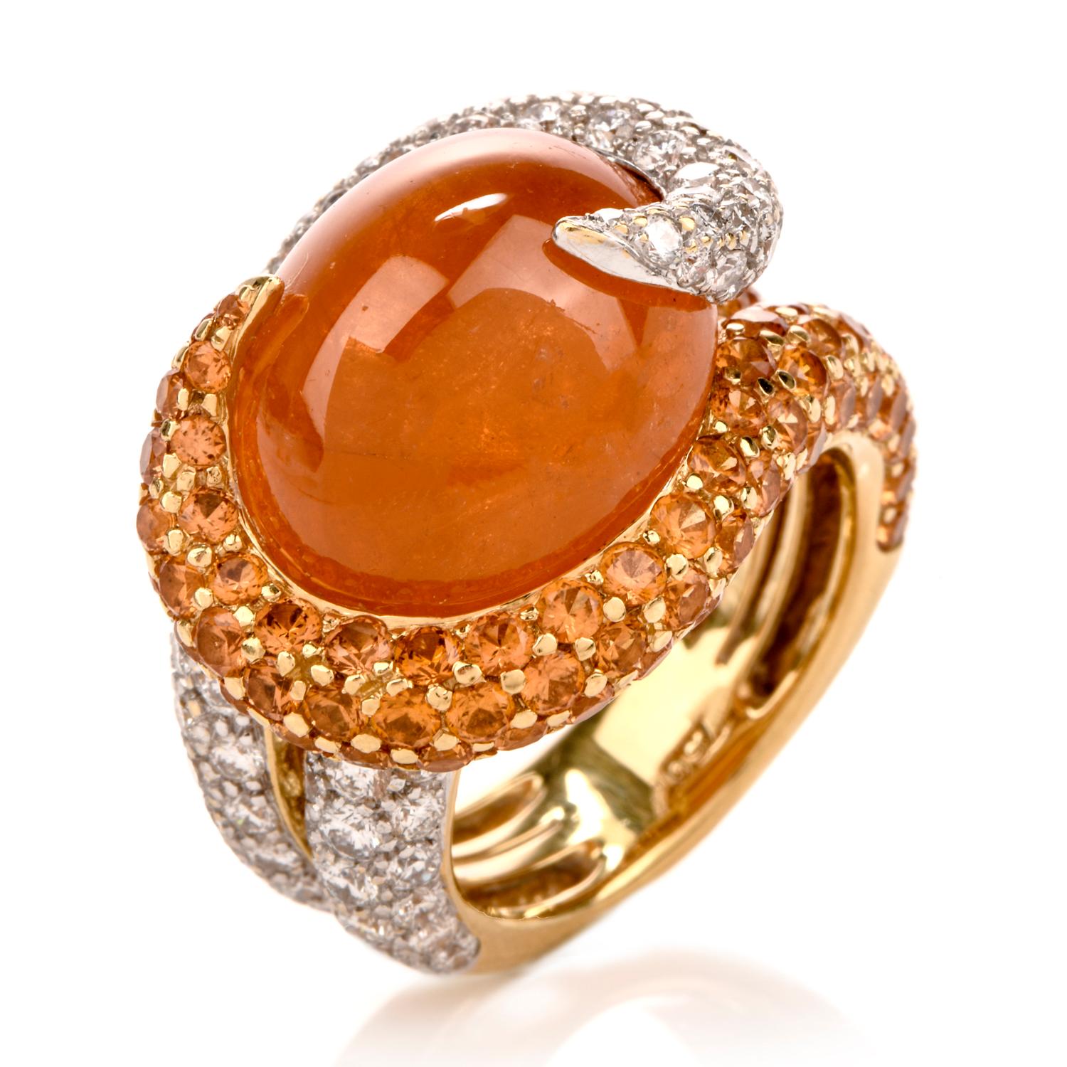 Women's or Men's Mandarin Garnet Diamond Swirl 18 Karat Gold Cocktail Ring