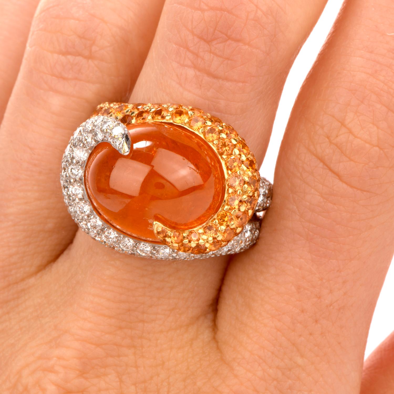 Mandarin Garnet Diamond Swirl 18 Karat Gold Cocktail Ring 1