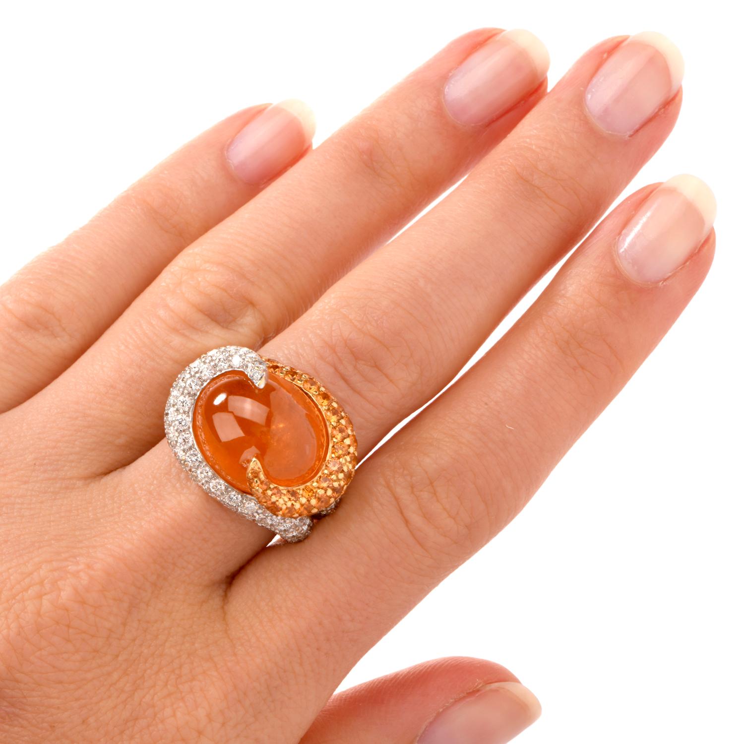 Mandarin Garnet Diamond Swirl 18 Karat Gold Cocktail Ring 2