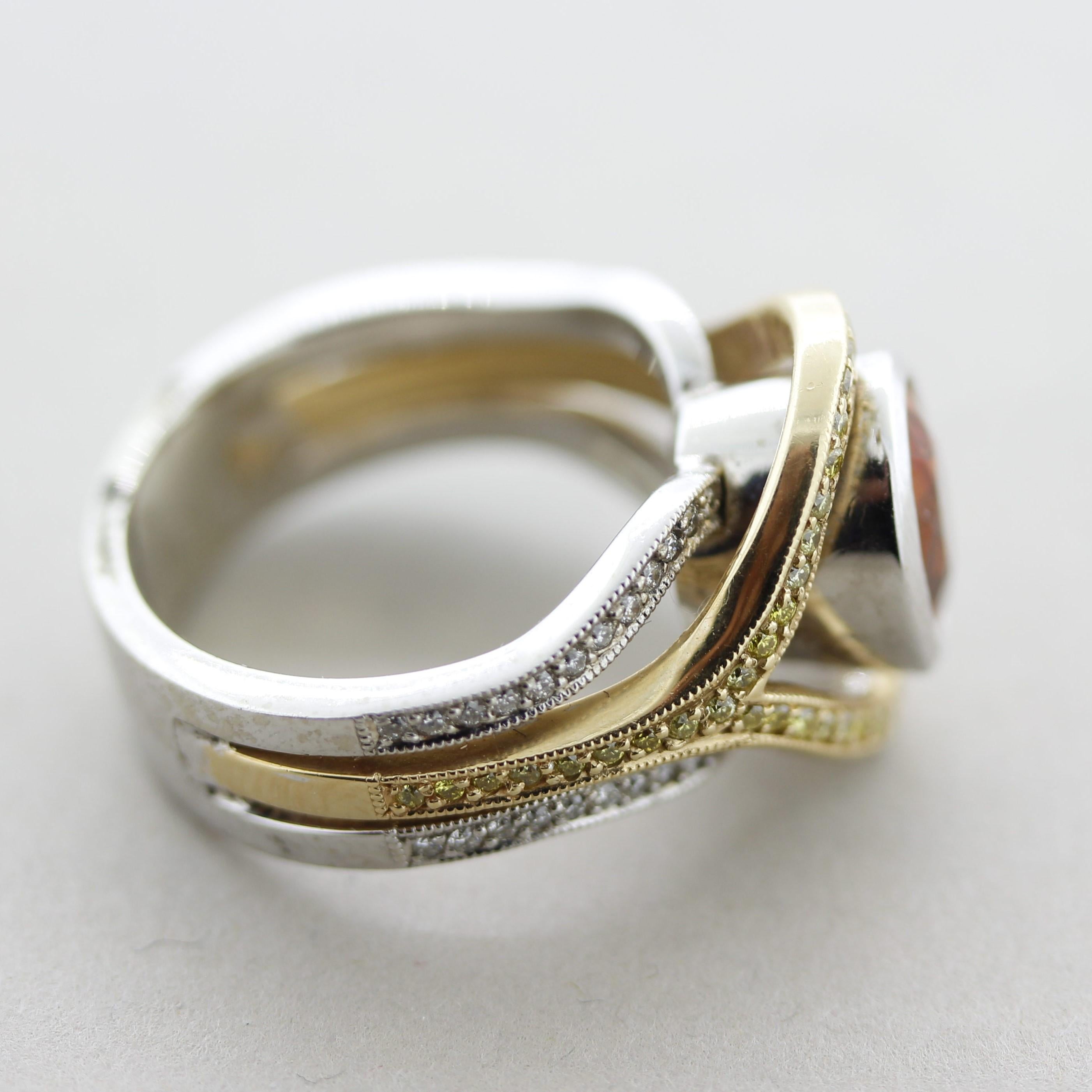 Mandarin Garnet Fancy-Colored Diamond Two-Tone Gold Ring For Sale 1