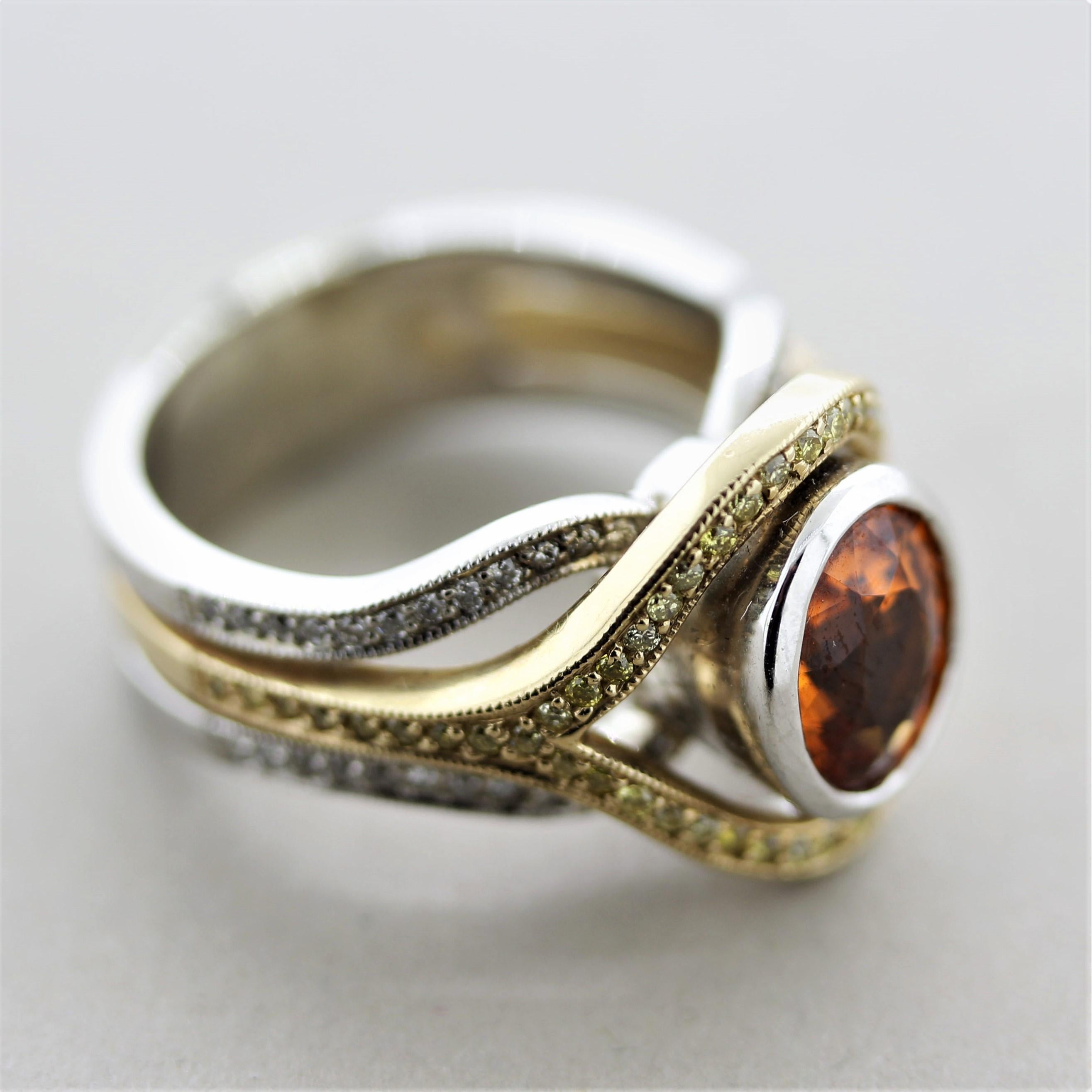 Mandarin Garnet Fancy-Colored Diamond Two-Tone Gold Ring For Sale 2