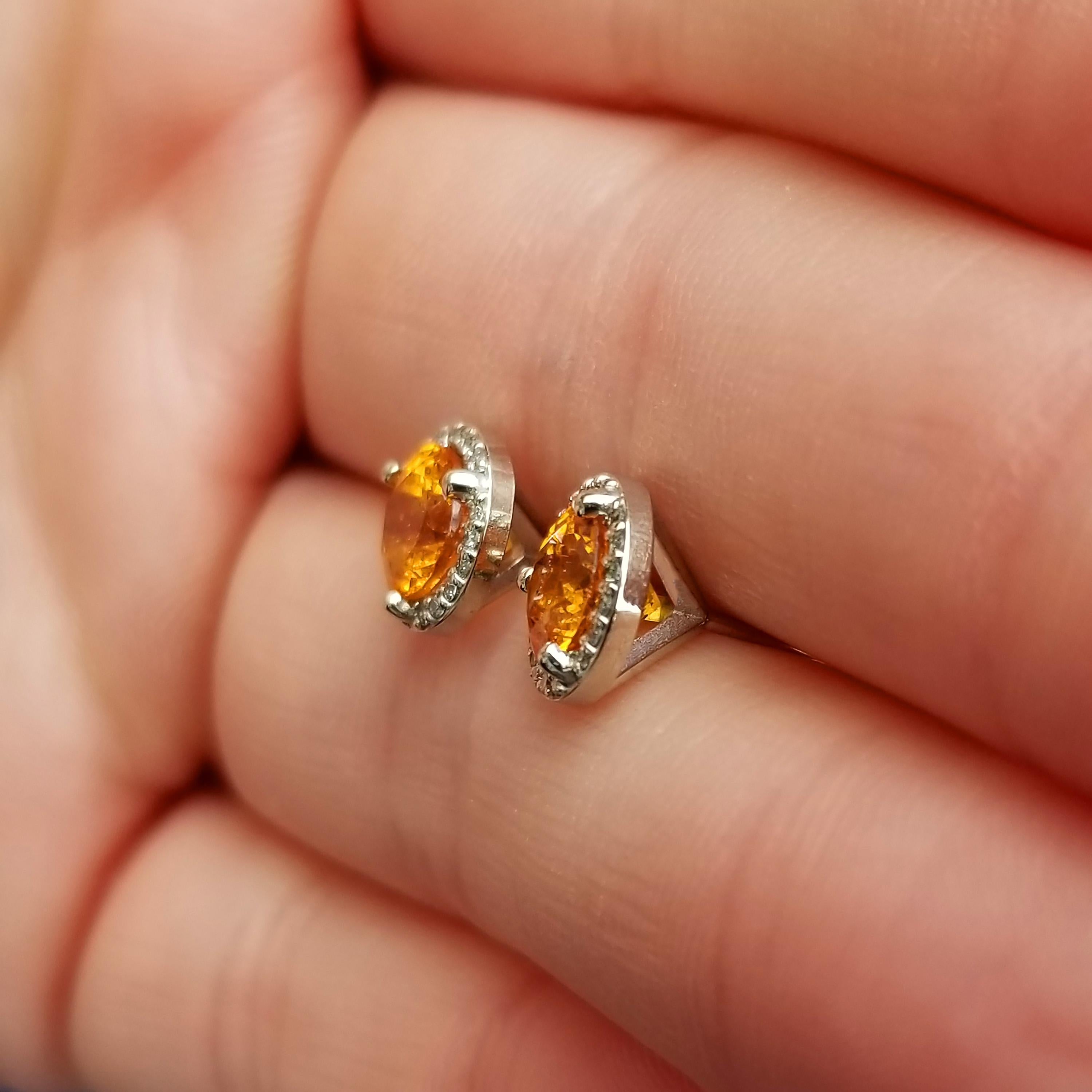 Contemporary 2.27ct Mandarin Garnet in 18 Karat Gold and Diamond Martini Stud Earrings For Sale