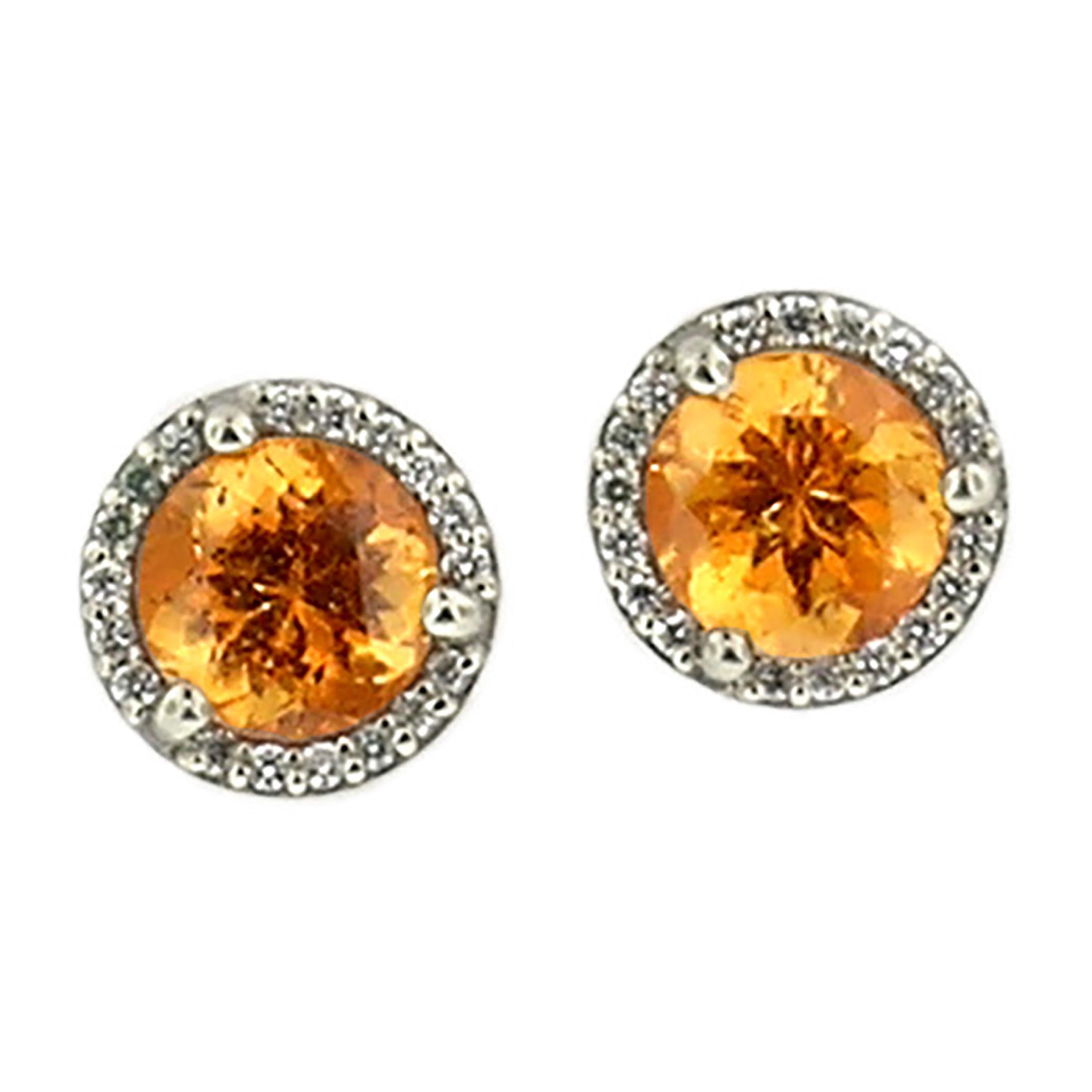 Round Cut 2.27ct Mandarin Garnet in 18 Karat Gold and Diamond Martini Stud Earrings For Sale