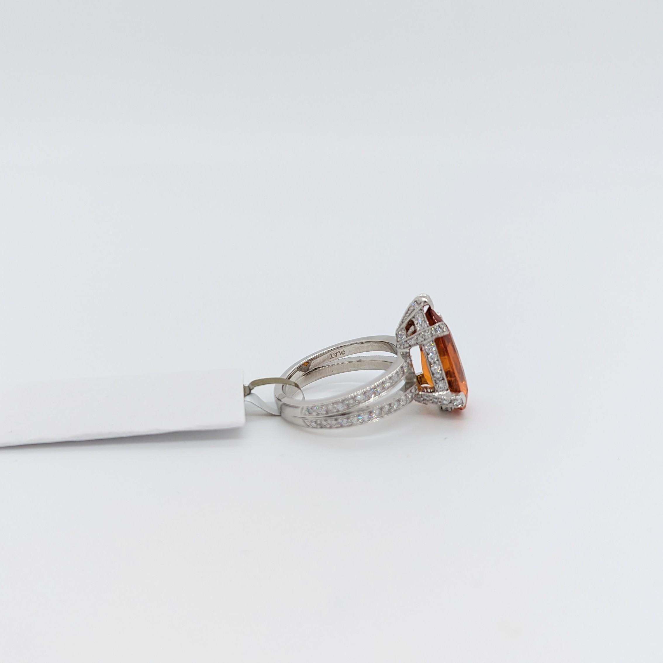 Mandarin Garnet Pear and White Diamond Round Diamond Ring in Platinum In New Condition For Sale In Los Angeles, CA