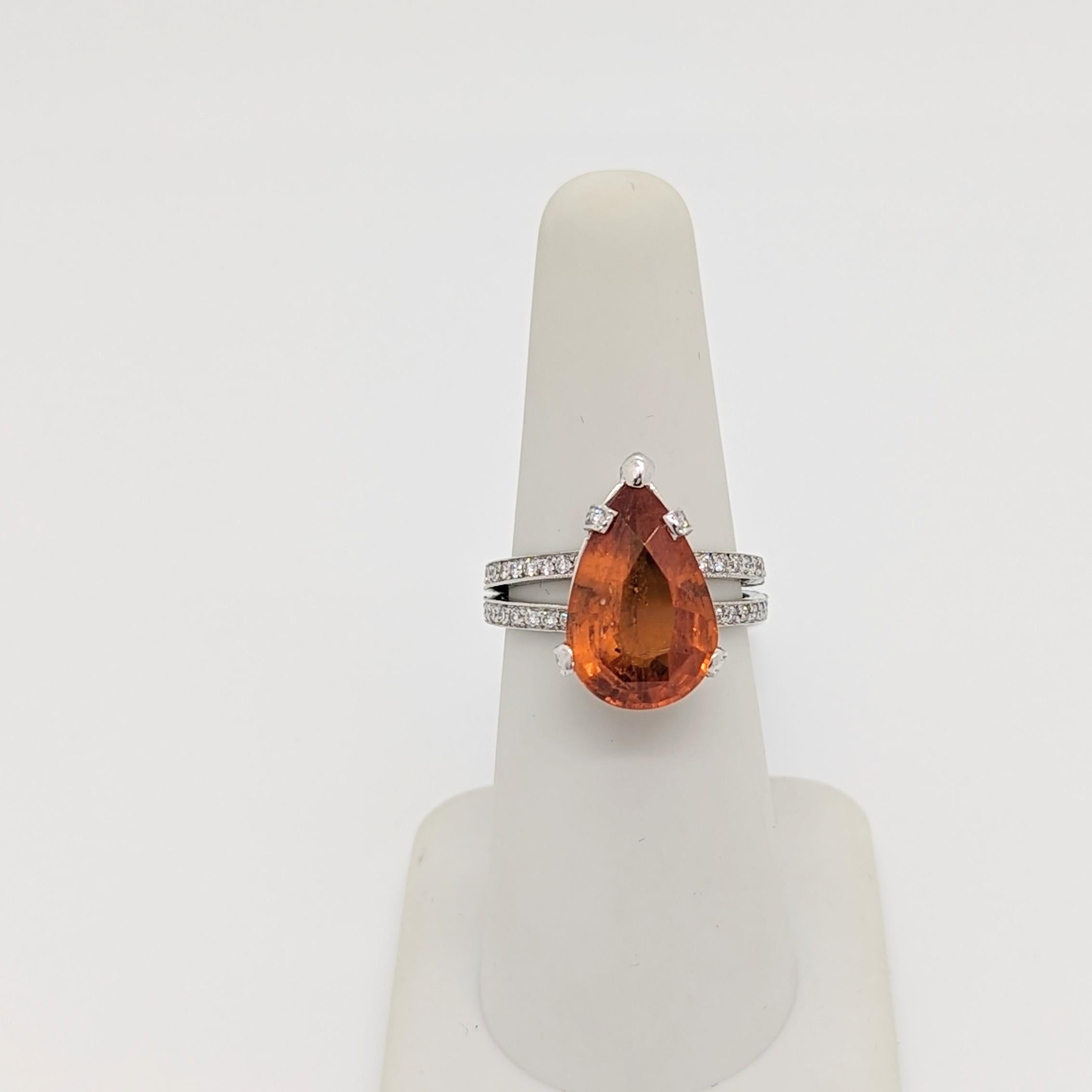 Women's or Men's Mandarin Garnet Pear and White Diamond Round Diamond Ring in Platinum For Sale