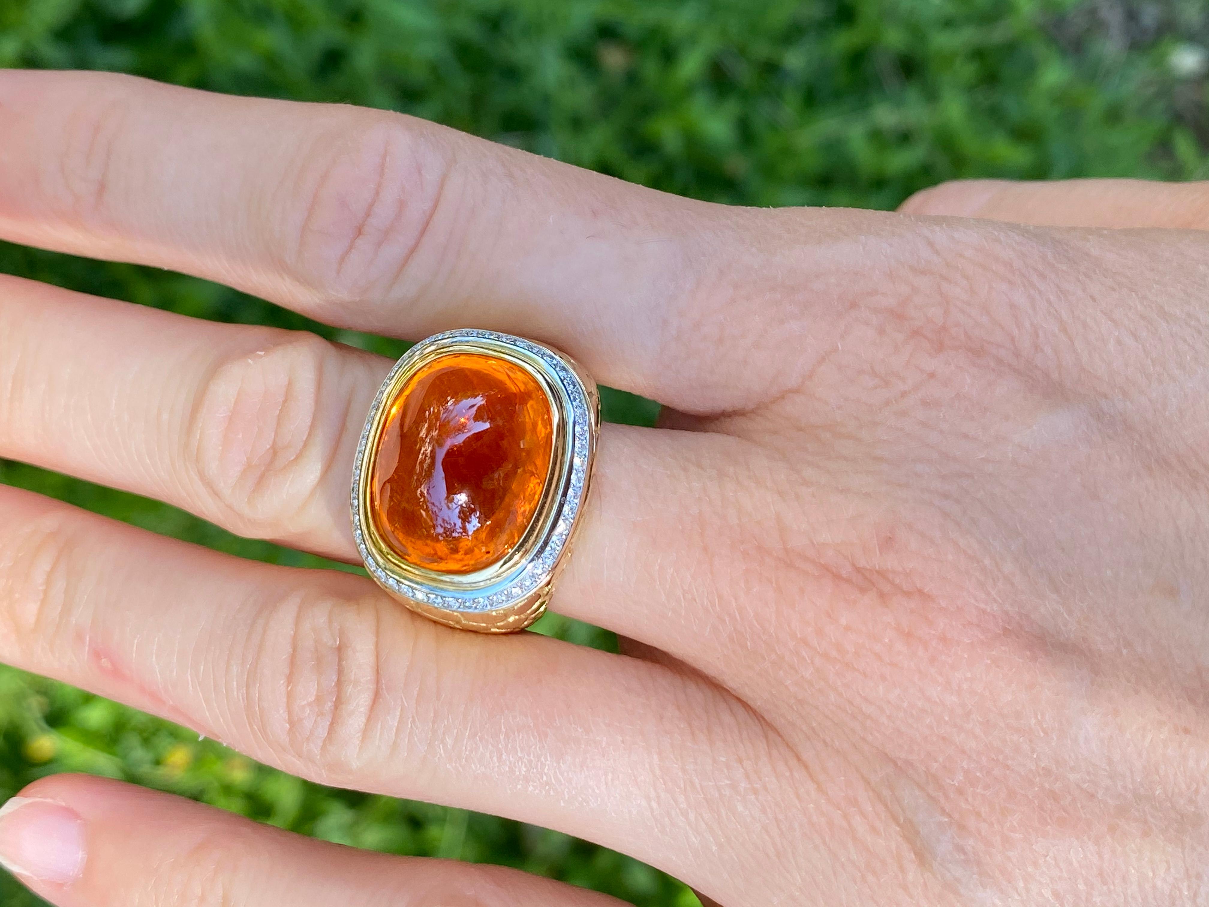 Mandarin Garnet Ring 29.93 Carat Sugarloaf Cabochon In New Condition For Sale In Beverly Hills, CA