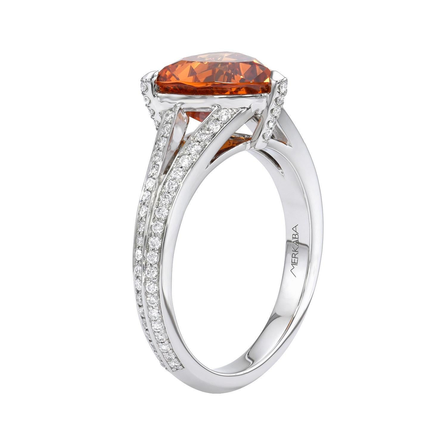 Striking 3.76 carat Mandarin Garnet Trillion platinum ring, decorated with a total of 0.32 carat round brilliant diamonds.
Ring size 6.5. Resizing is complementary upon request.
Returns are accepted and paid by us within 7 days of delivery.

Please